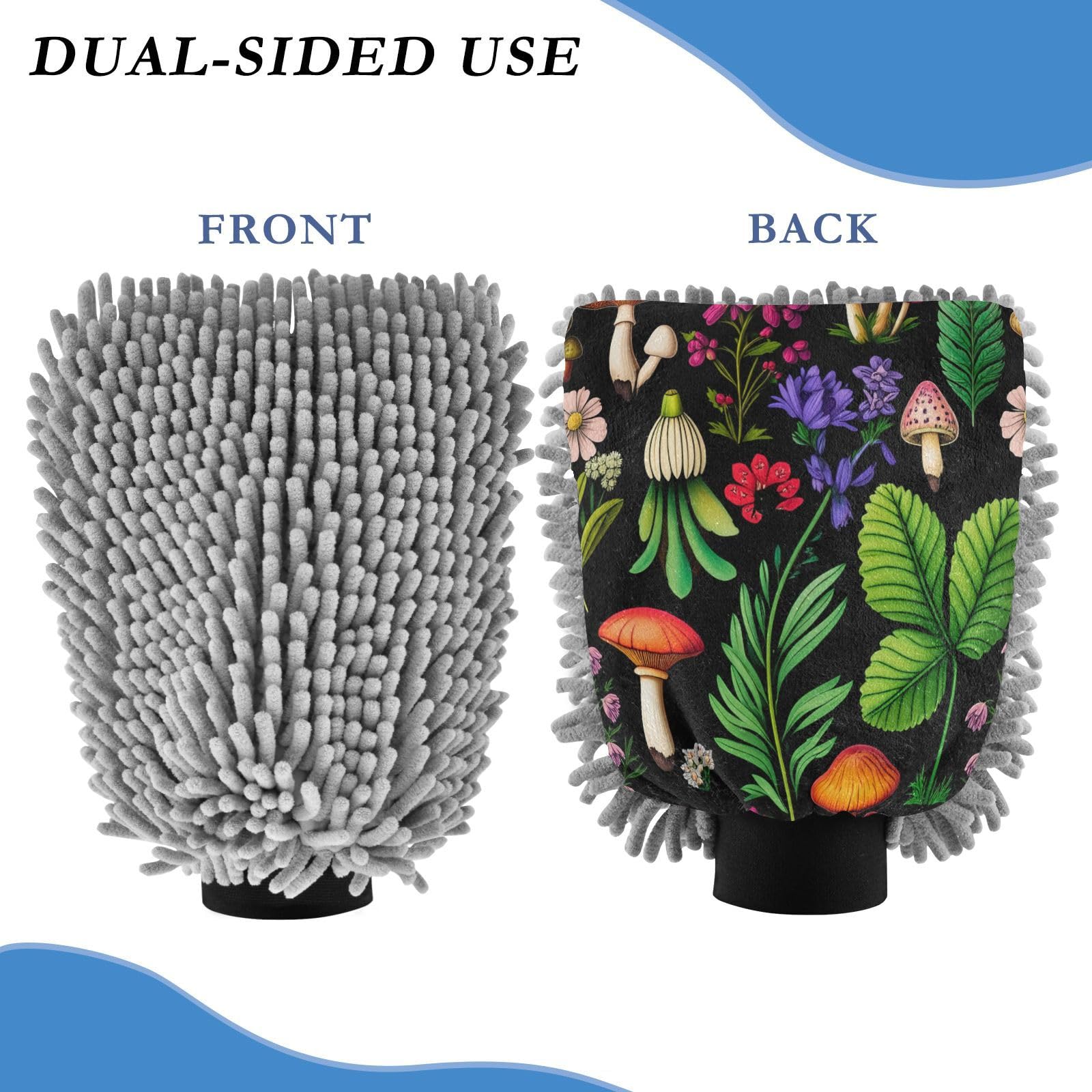 Kigai Cute Cartoon Mushrooms Car Wash Mitt Microfiber, 2Pcs Scratch Free Lint-Free, Premium Chenille Microfiber Mitt Car Wash Brush-M
