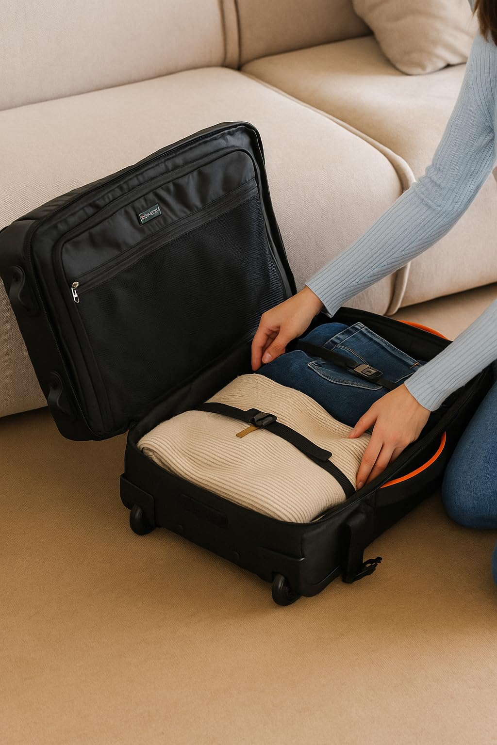 Zaino Trolley Ibrido da Viaggio, Bagaglio a Mano, Convertibile Zaino/Valigia, Nero, Poliestere, 55x35x20cm, con Ruote Scorrevoli e Chiusura TSA (Bagaglio a mano 55x35x20cm, Black Orange)
