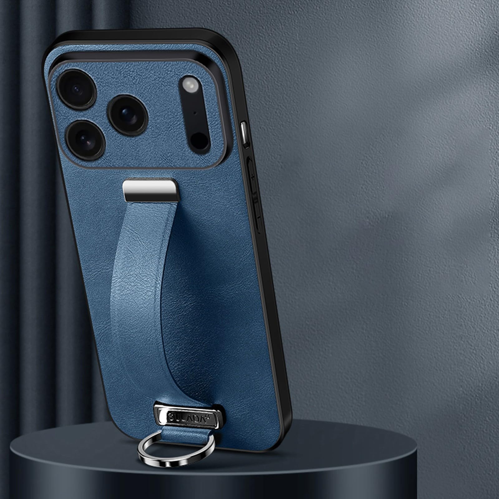 Étui iPhone 17 Pro bleu foncé silicone cuir équipé d'une sangle support rotative - 8