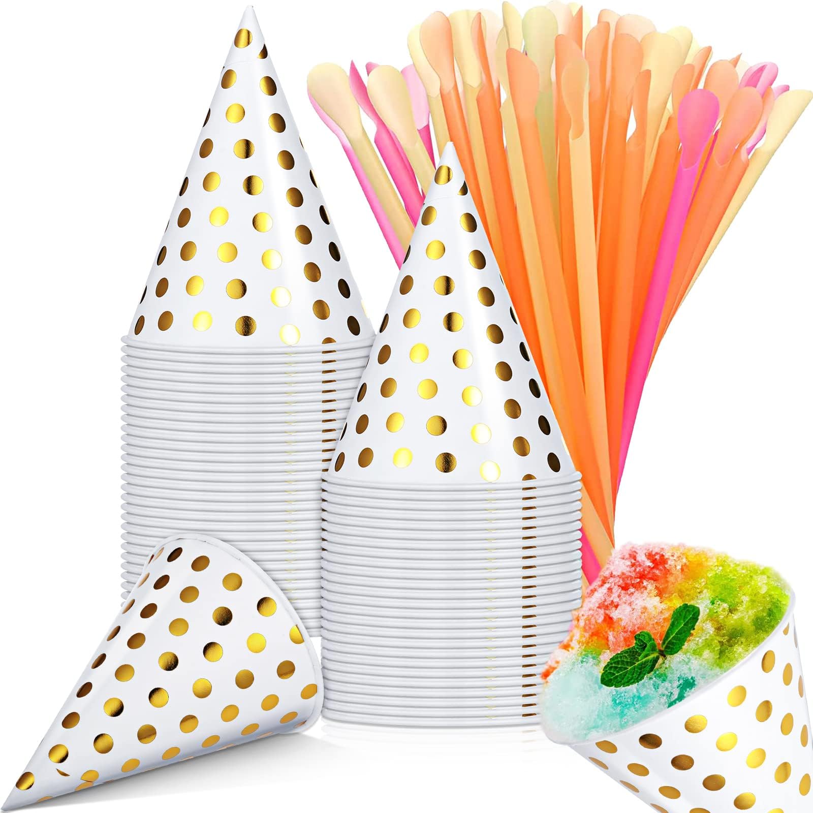Boao 100 Pieces Snow Cone Cups 4.5 OZ Leakproof Cone Paper Cups Matching 100 Pieces Spoon Straws for Slush Shaved Ice Cream Sorbet Water(Simple Style)