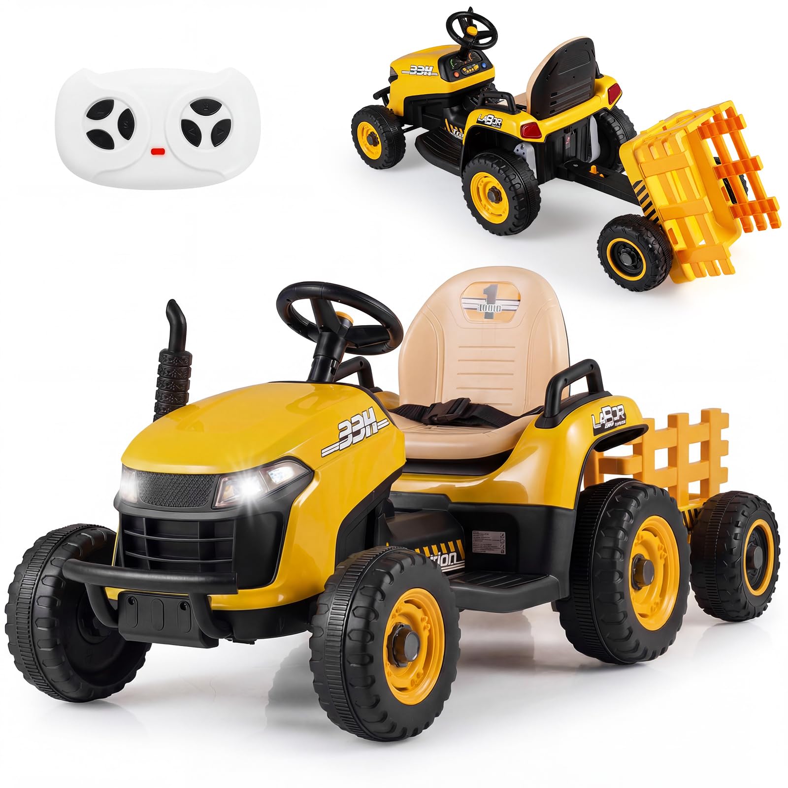COSTWAY 24V Ride on Tractor with Trailer, Kids Electric Car (Yellow)