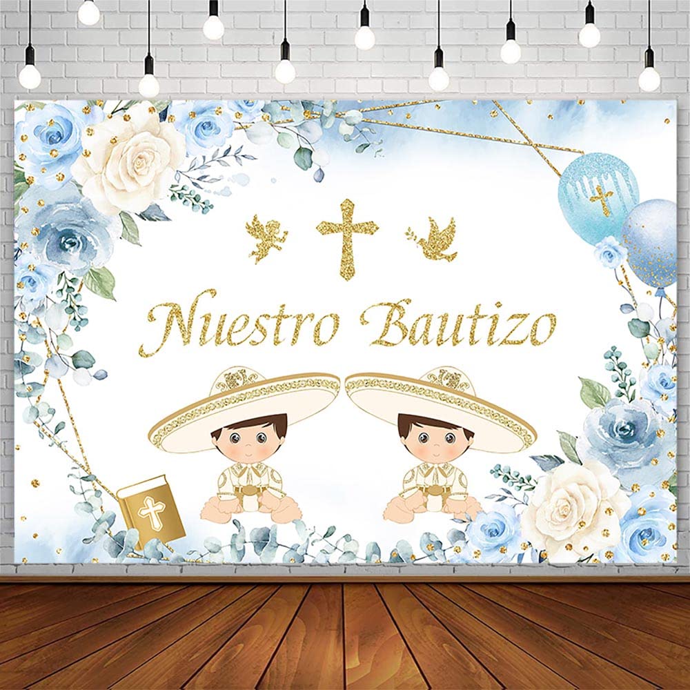 AIBIIN 7x5ft Mi Bautizo Backdrop for Twin Boys Nuestro Bautizo Baptism Christening First Holy Communion Gold Bless Party Decorations Blue White Floral