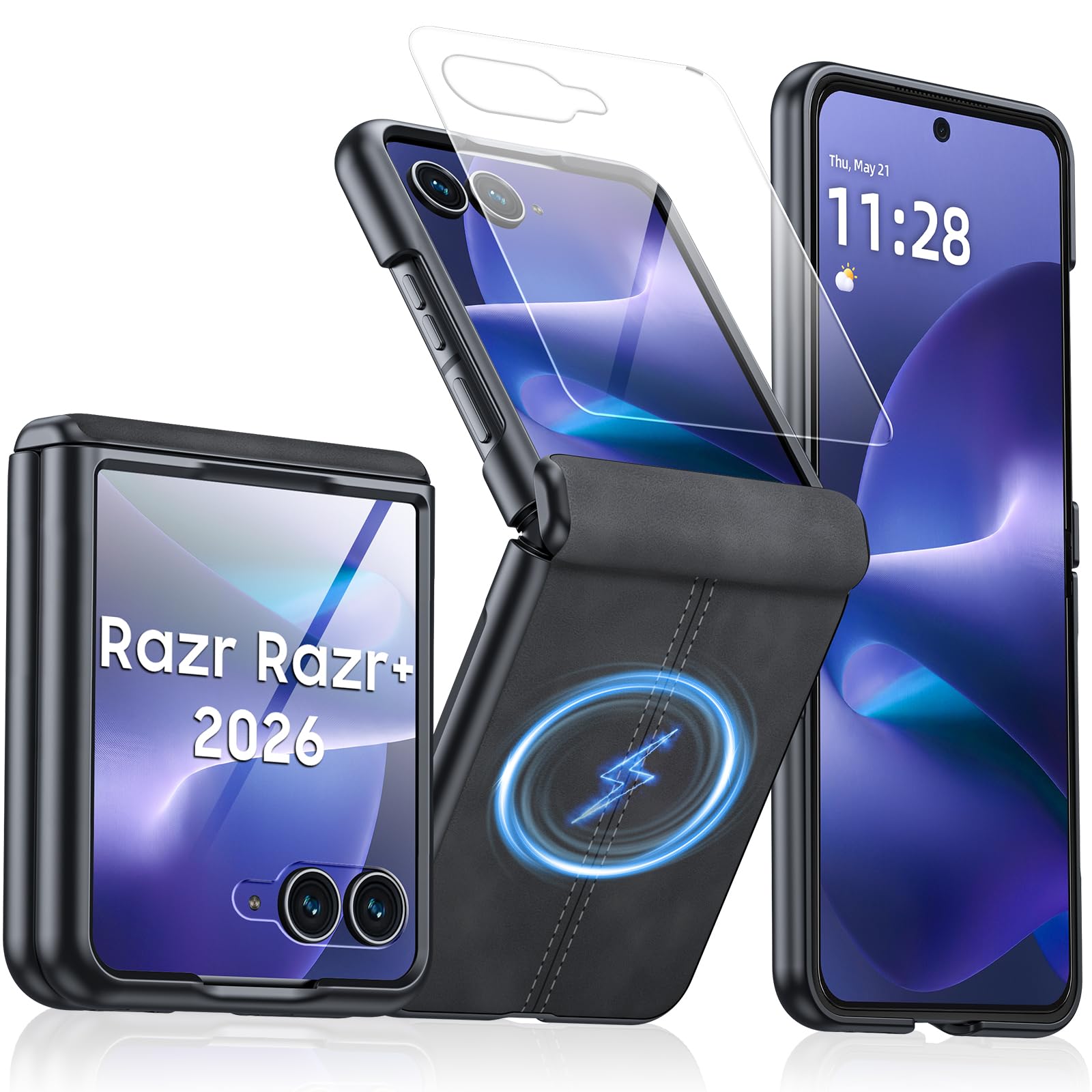 Magnetic for Motorola Razr+ Plus 2026 Case/Razr+ Plus 2025 Case with Hinge Protection &amp; Built-in Outer Screen Protector, Fit for Magsafe, Leather Matte Case for Razr+ 2026/2025-Black Gray