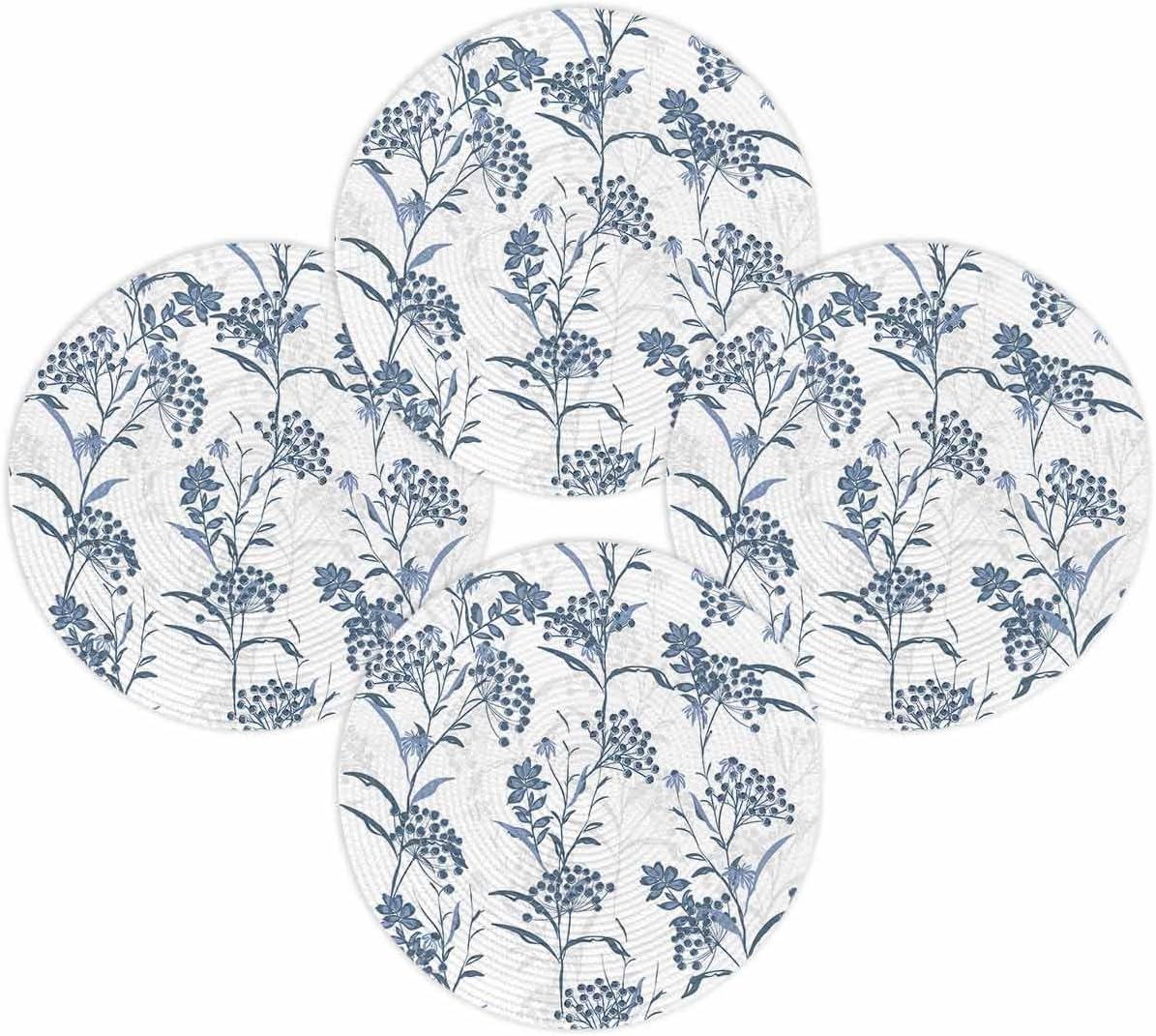 Round Placemats Set of 4 Spring Floral Place Mats Washable Woven Placemat Blue Berry Fruit Leaves Plant Circle Braided Heat Resistant Table Mat for Kitchen Dining Table Party Decor 15 Inch