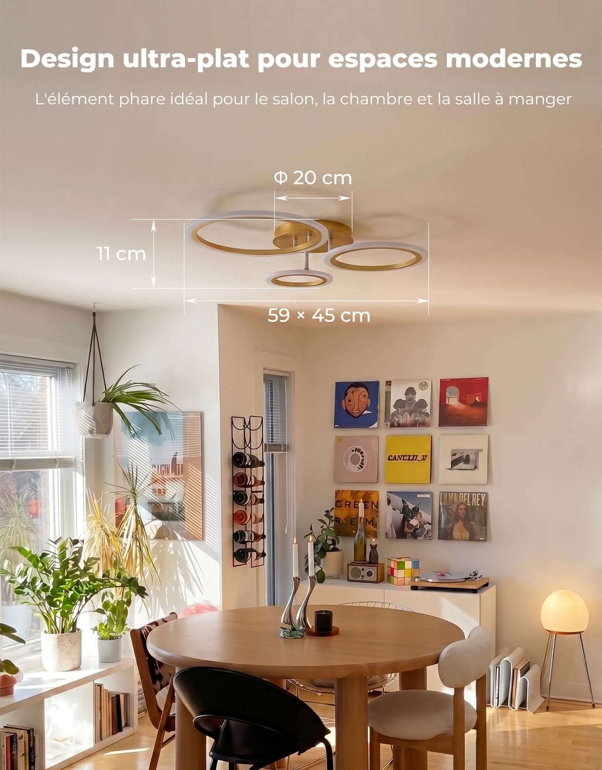 Plafonnier LED Intelligent Dimmable 3 Anneaux, Luminaire Plafond Moderne 19W 1900LM, Contrôle App/Alexa et Télécommande, Éclairage Ultra-Plat pour Chambre, Salon, Or