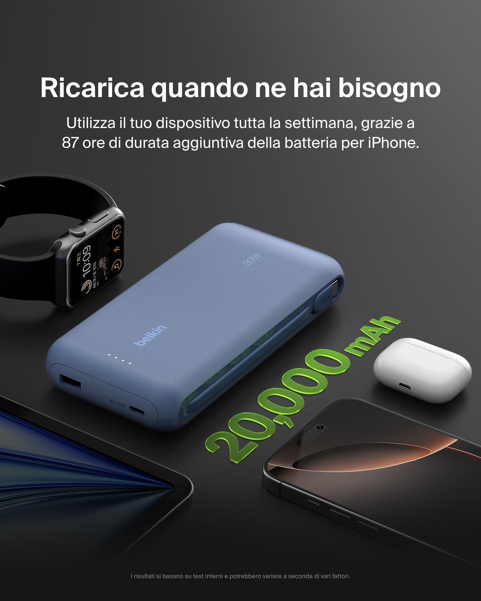 Belkin Caricabatteria portatile, power bank 20K PD 30 W con cavo integrato, ricarica rapida USB-C Power Delivery, caricabatteria portatile per iPhone 16 Series, iPad Pro, Galaxy S25 Series ecc, Blu
