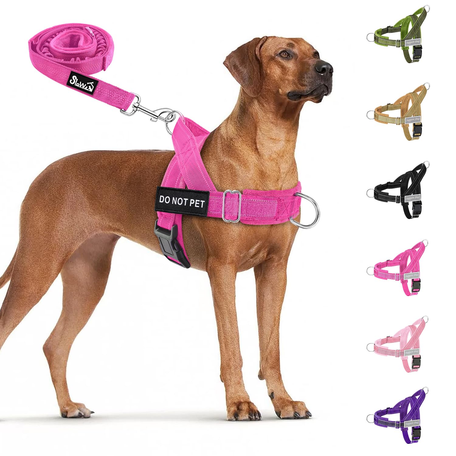 SlowTon No Pull Dog Harness - Heavy Duty Dog Harness and Leash Set for Medium Large Dogs, Reflective Tactical Harness with Soft Padded and Front Clip for Easy Walk and Training (Fuchsia L)