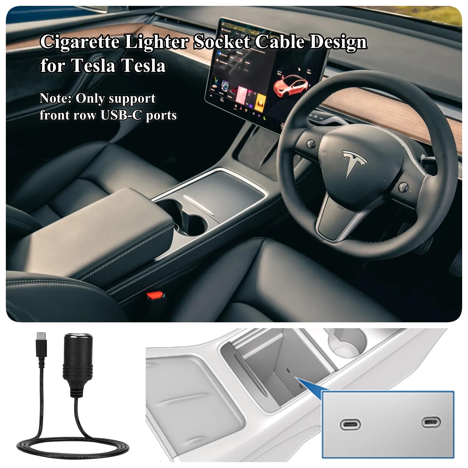 Amazon.com: USB C PD 12V to Cigarette Lighter Socket Cable for Tesla Model  3/Y/S/X, for Tesla Vehicle Front Row USB C Port Use Only(1ft Long) :  Automotive