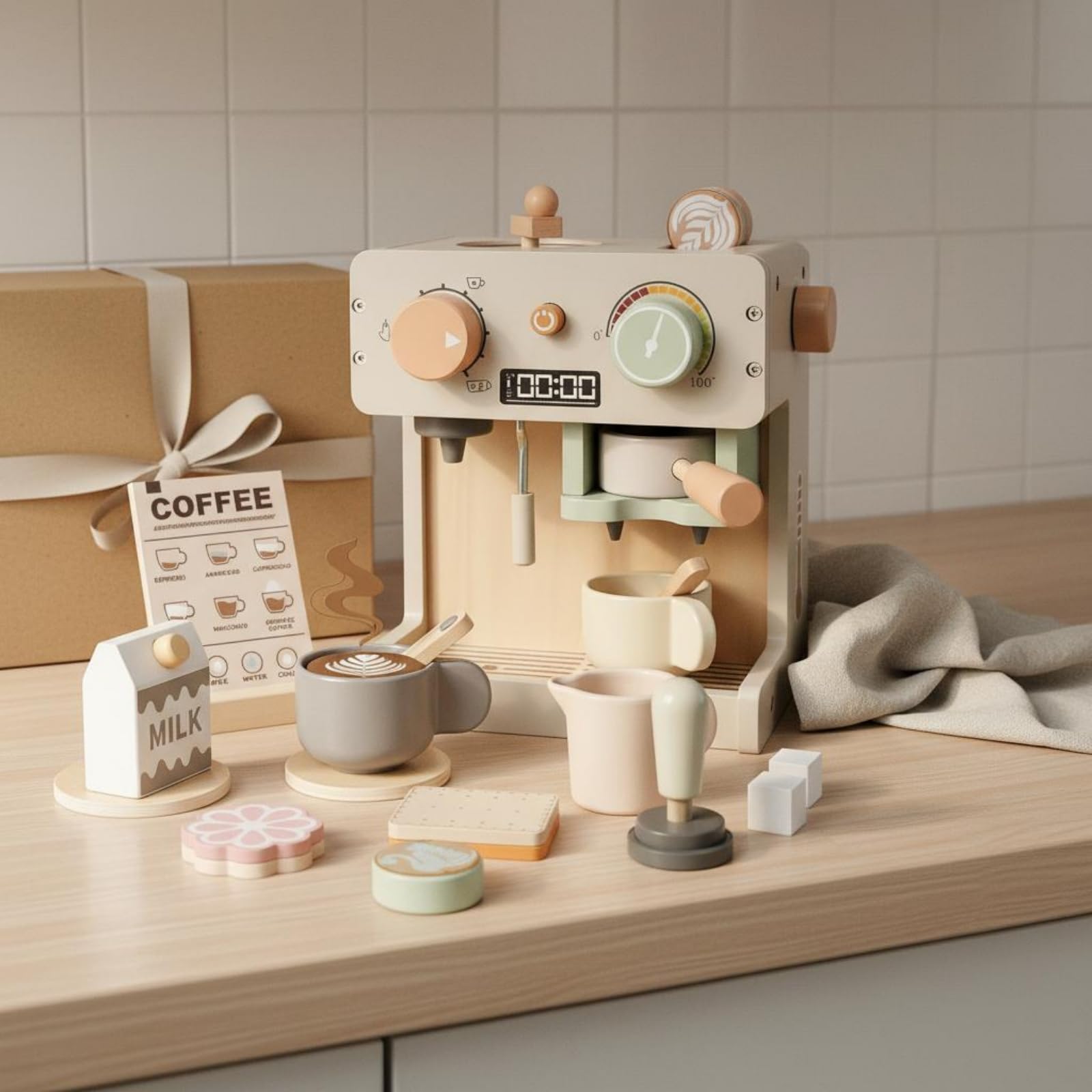 Kinder Spielgerät Holz Kaffeemaschine Nachbildung Spielküchengerät Espressomaschine Getränkezubereiter Ausgestattet mit Zubehör für Rollenspiele Kinderzimmer Familienspiele