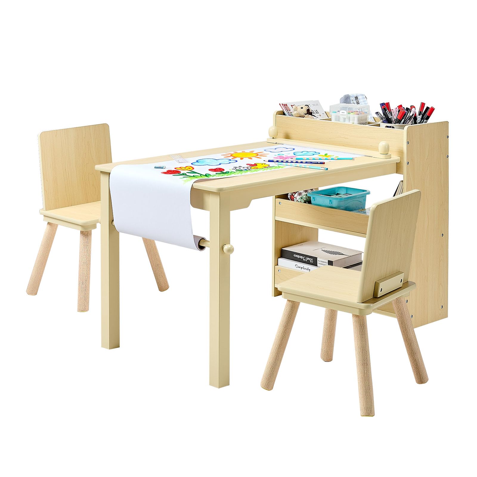 VEVOR Table d'art pour Enfants avec 2 Chaises, Bureau d'Activité avec Étagères de Rangement 3 Niveaux, Kit en Bois pour Tout-Petits, pour Lecture Dessin Bricolage Apprentissage Écriture, Bois Clair