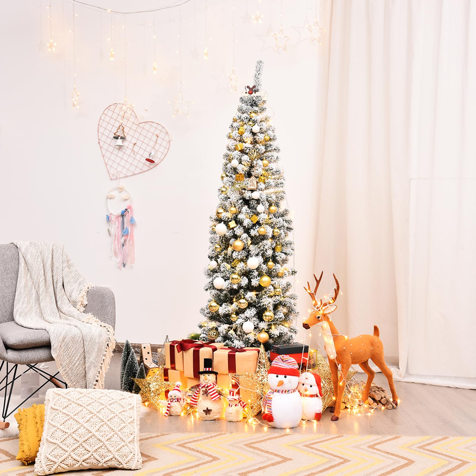 COSTWAY Albero di Natale Innevato 140/180/225 cm, Albero di Natale Artificiale Slim con 242/500/641 Rami Realistici e Folti e Base Pieghevole di Metallo, Apertura a Ombrello (180 cm)