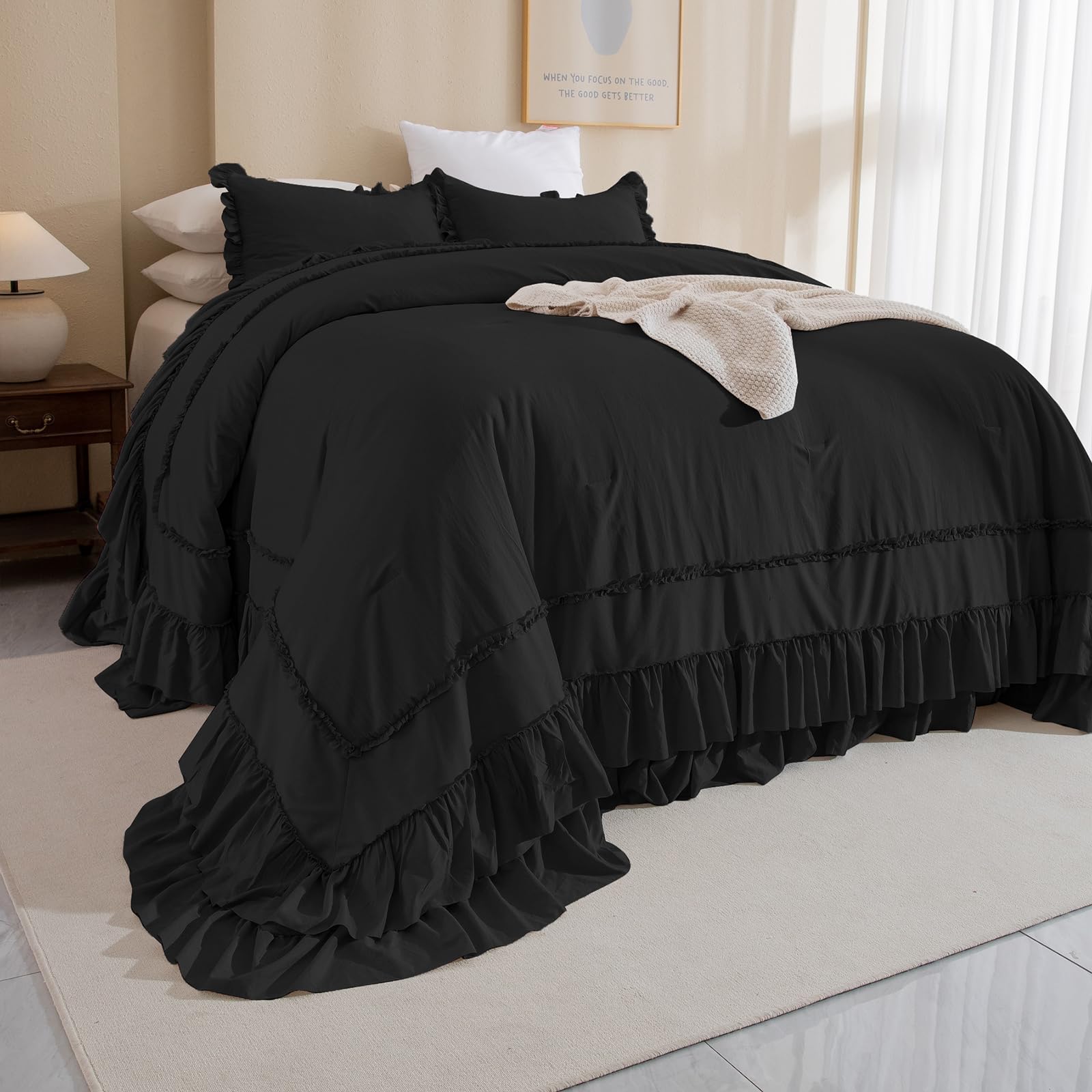 QSH 3PCs Black Ruffled Oversized King Comforter 120x120,Farmhouse Shabby French Country Chic Ruffle Bed Comforter Set Boho Lightweight Ultra Soft Microfiber California King Comforter with Pillowcases