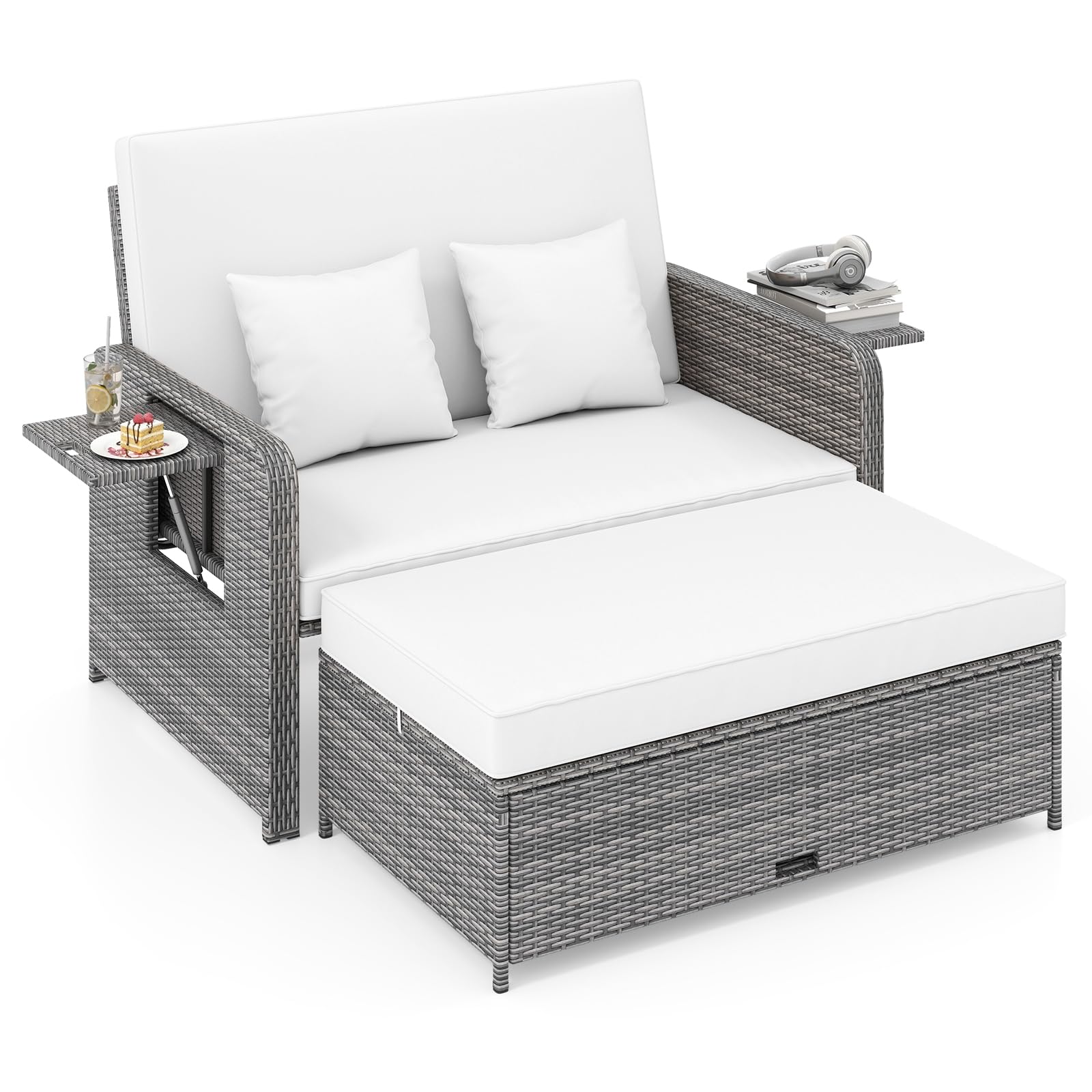 GIANTEX Set Divano da Esterno con Letto da Giorno 2 Pezzi, Divano a Due Posti in Rattan PE con Pouf Contenitore, Schienale Regolabile, Tavolini Laterali Richiudibili e Cuscini Morbidi (Bianco)