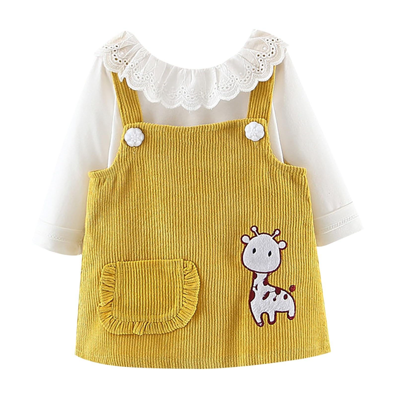 Infant Baby Girl 2 Piece Outfits Lace Neckline Ribbed Knit Long Sleeves Top + Corduroy Skirt (Yellow, 12-18 Months)