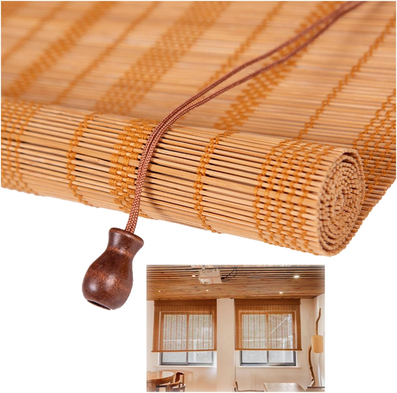 Bamboo Blinds for Interior Windows, Retro Bamboo Light Filtering Roller Shades 24" 30" 36" 48" 50" 70" 72" Bamboo Shade Cordless Roll Up Bamboo Privacy Curtain for Outdoor Home Patio(34"W x 96"H)