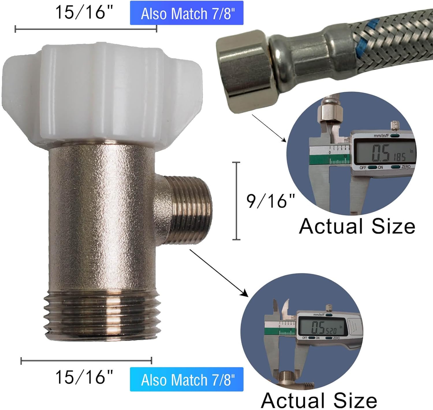 Bidet T Adapter - T Valve Adapter or Tee Connector, Made of Brass (7/8" x 7/8" x 3/8") Thread Code 15/16"-14UNS, Thread Branch 9/16"