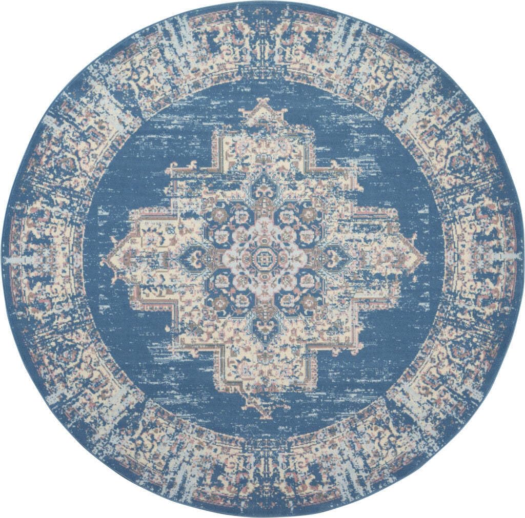 HomeRoots 522244 8 ft. Blue Damask Power Loom Round Area Rug