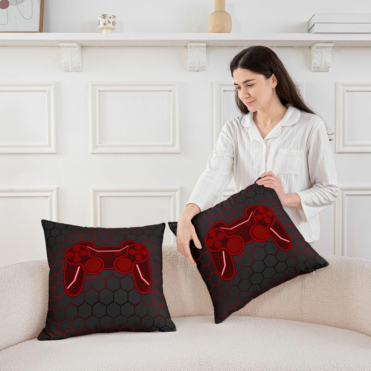 Castle Fairy Game Controller Pillow Cover,Neon Honeycomb Pattern Throw Cushion Cover 20"x20",Consoles Games Themed Cushion Case for Girls Women Room Decor，Red Cushion Coves Single Pack image 5