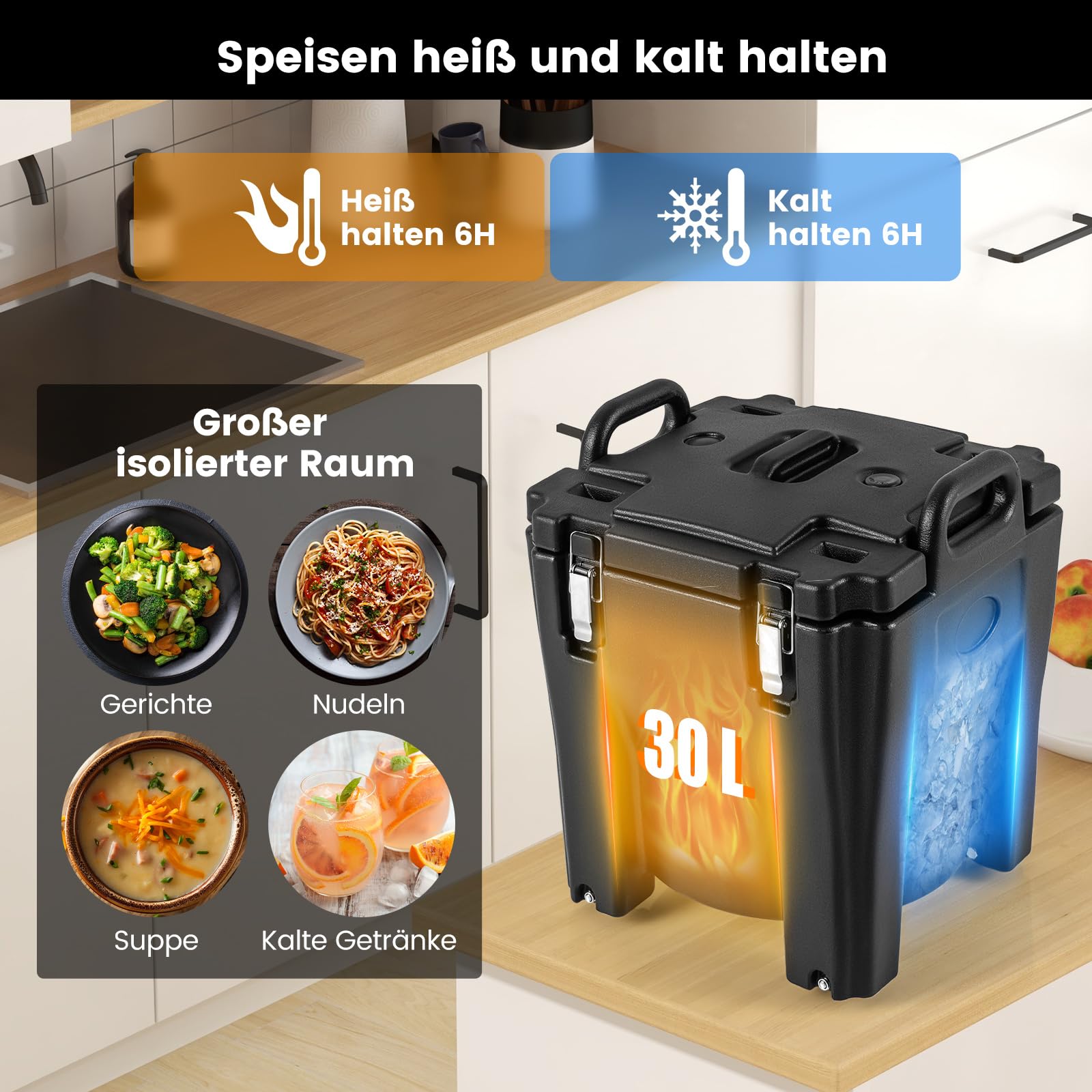 RELAX4LIFE 30L Caja Térmica con Ruedas y Frenos para Alimentos y Bebidas, Calentador de Alimentos con Interior Acero Inoxidable y 2 Asas para Coche, Camping y Pícnic, Mantiene el Frío y el Calor