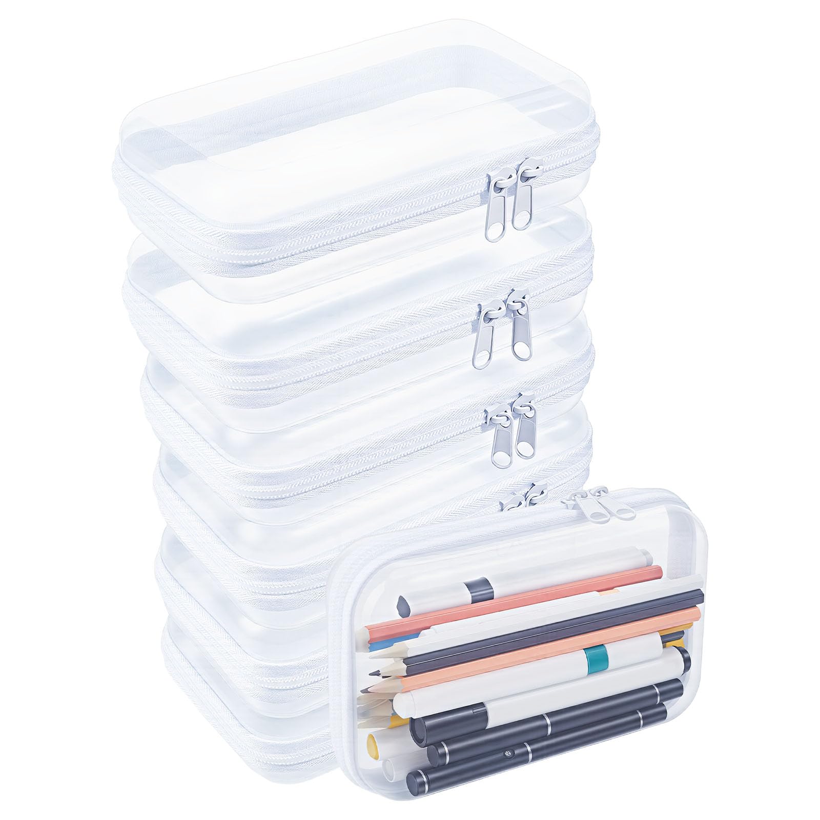 DELORIGIN 6PCS Clear Hard Shell Zipper Case Plastic Clear Pencil Case Hard Shell Zipper Pouch for School Stationery Travel Toiletry Makeup Cosmetics Organizer Storage Box, White
