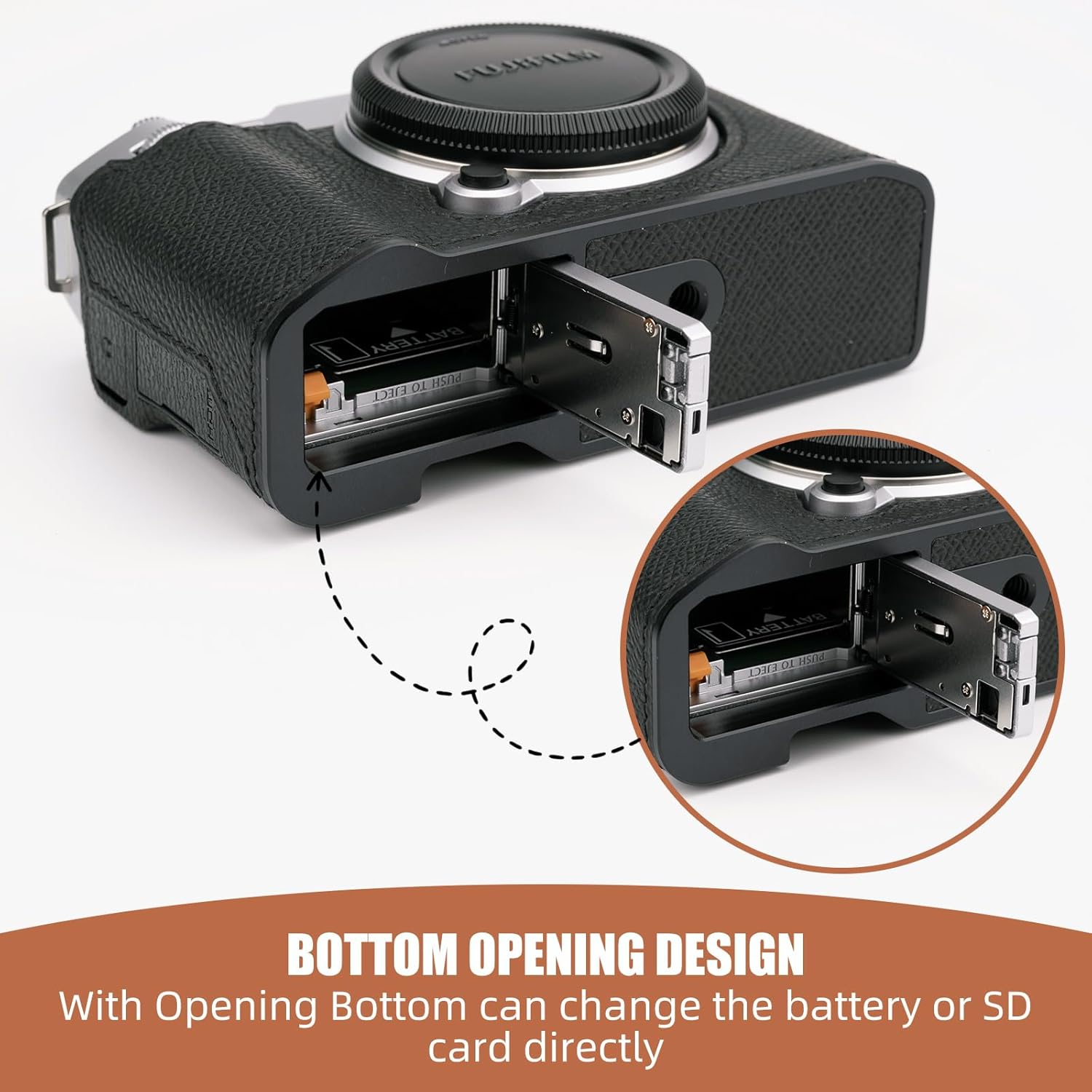 Handmade Genuine Leather Camera Half Case for Fujifilm X-M5/Fujifilm X-M5 Case - Top Layer Cowhide Body + Metal Base Plate (Black & Black Link)