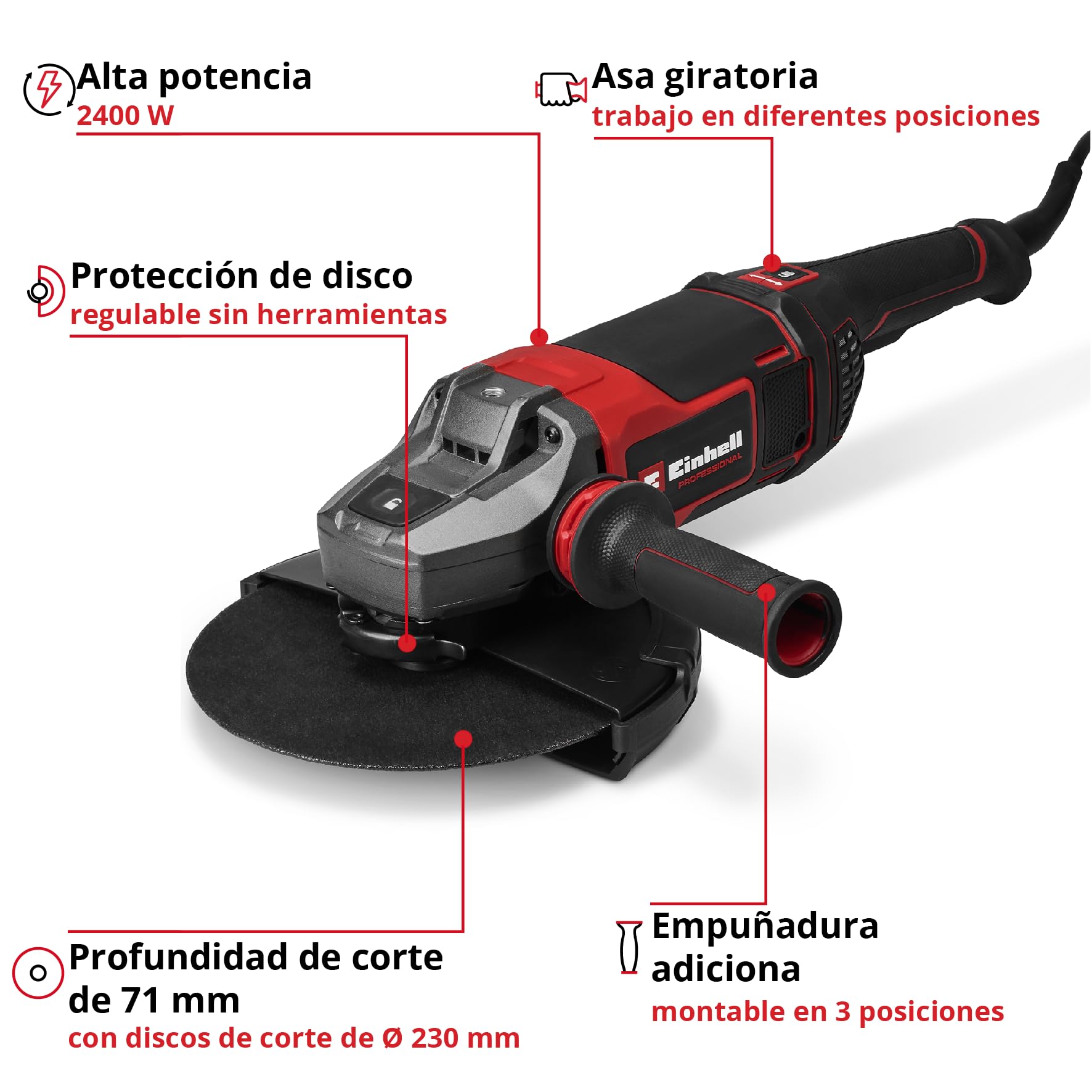 Einhell Professional Amoladora angular TP-AG 230/2400 | 2400 W | Ø 230 mm | corte 71 mm | Empuñadura giratoria | antivibración | protección de corte | Sin disco de corte