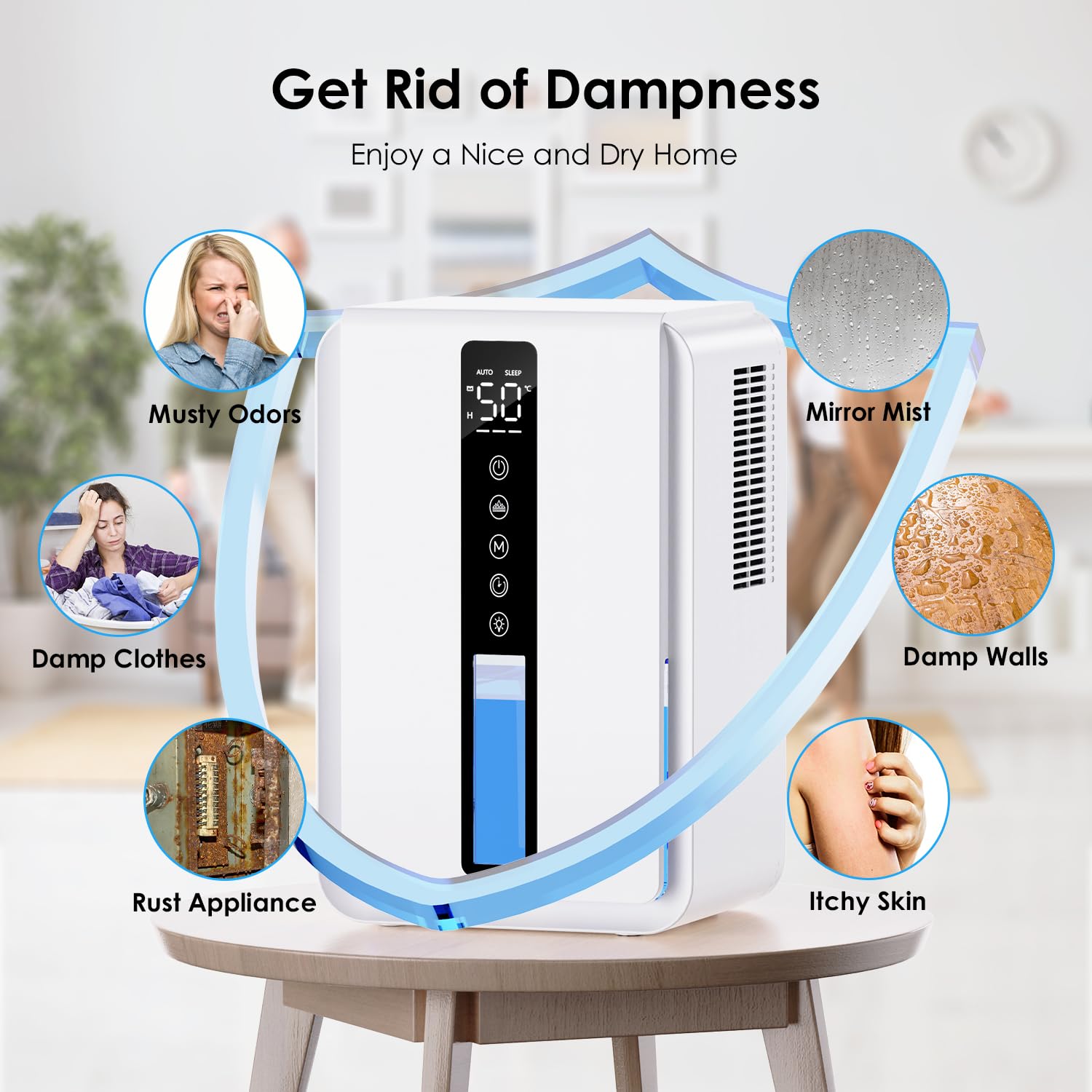 Deumidificatore Casa con 2500ml, Deumidificatore Casa Muffa con Modalità Sospensione e Timer 6-48 Ore, Controllo Umidità Automatico (≥50% RH),7 Luci RGB, Protezione da Overflow, Defrost Automatico