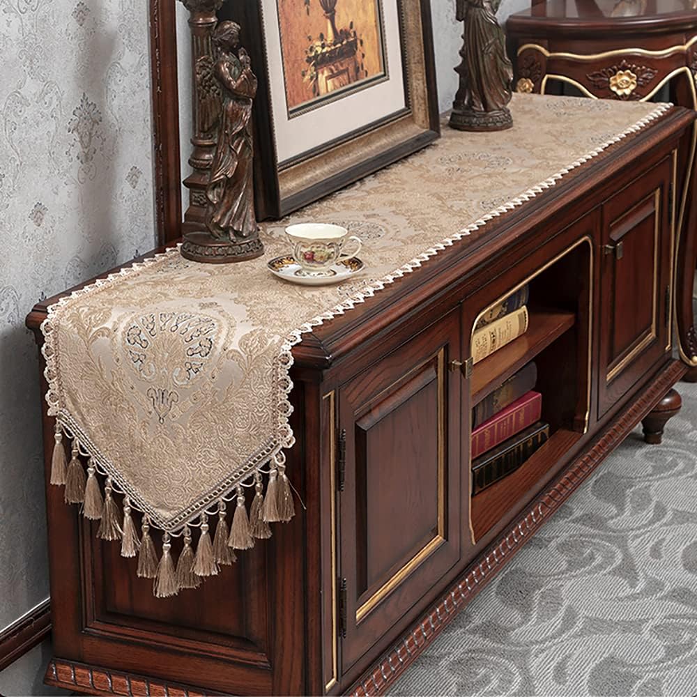 Golden Chenille Jacquard Rectangular Table Runner With Delicate Hand-woven Tassels, Elegant And Stylish Table Decoration For Dining And Coffee Tables(Size:35260cm,Color:Golden yellow)