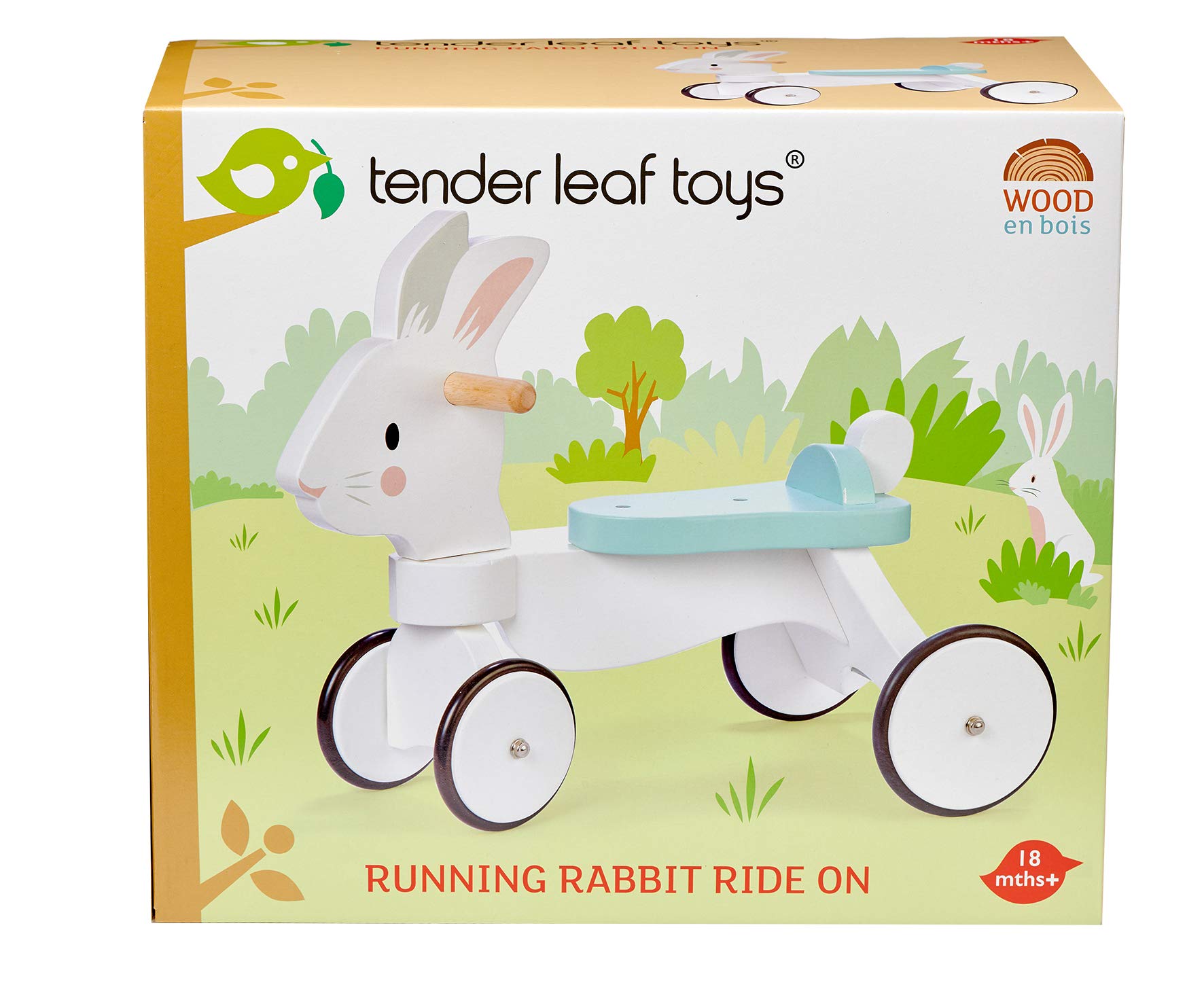 Carrera de conejo - Bicicleta temática de conejo de cuatro ruedas de madera con anillo de goma y mango - Desarrollo temprano de la caminata y mejora de la fuerza muscular para niños 4