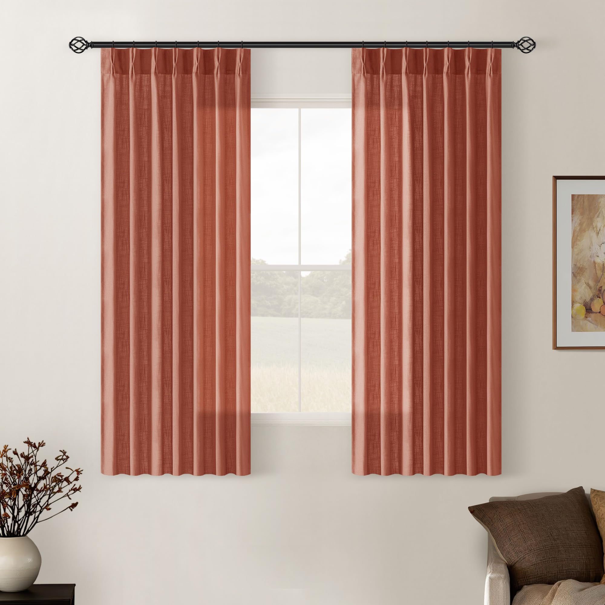 Pinch Pleated Linen Semi Sheer Curtains 45 Inch Length 2 Panels Firebrick