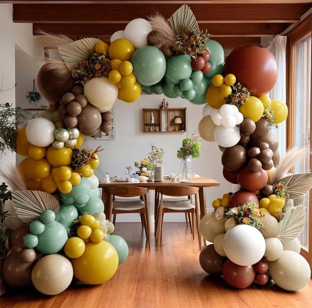 Green Brown Balloon Arch Double Stuffed Latex Sage Green White Gold Balloons Mustard Yellow White Balloon Garland For Birthday Baby Shower Safari Jungle Wooland Garden Theme Party Decor