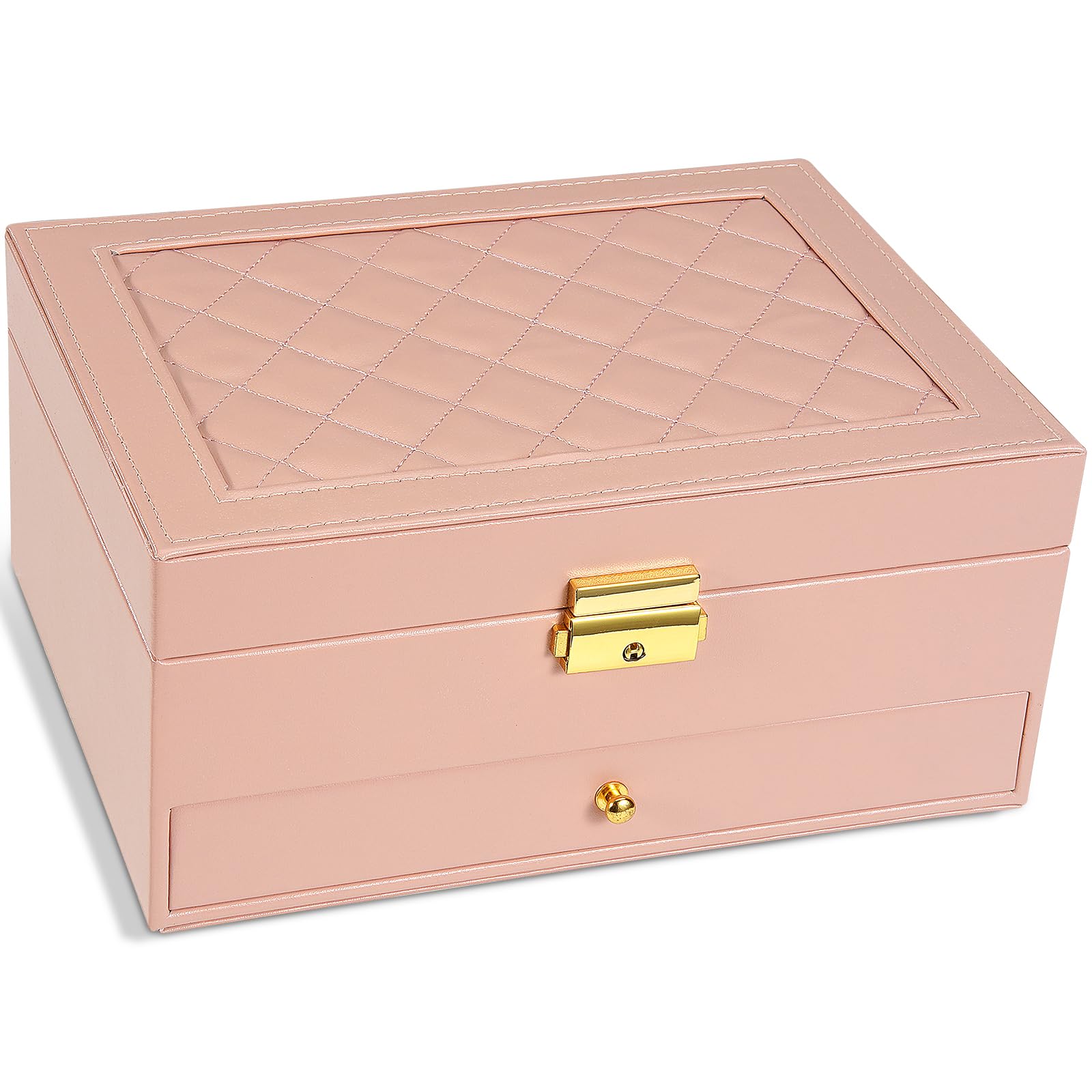 2-Layer Jewelry Box for women jewelry organizers and storage with Removable Jewelry Tray vintage quilted top Lockable Jewelry