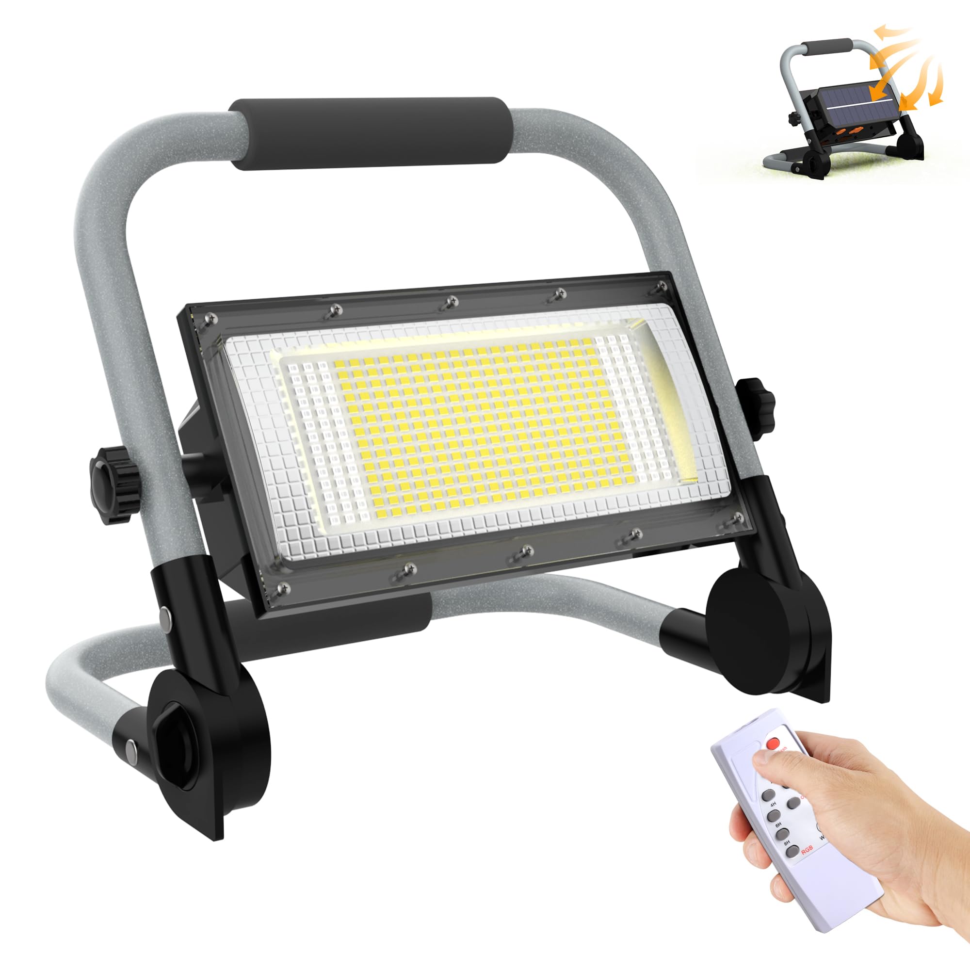 ERAY Solar 10000LM LED Baustrahler Akku 12000mAh mit 5 Lichtmodi | 350 LEDs, 2 Lademethoden, Timing-Funktion, Tragbarer Campinglampe und Arbeitsleuchte für Camping, Garage, Notfall, Werkstatt