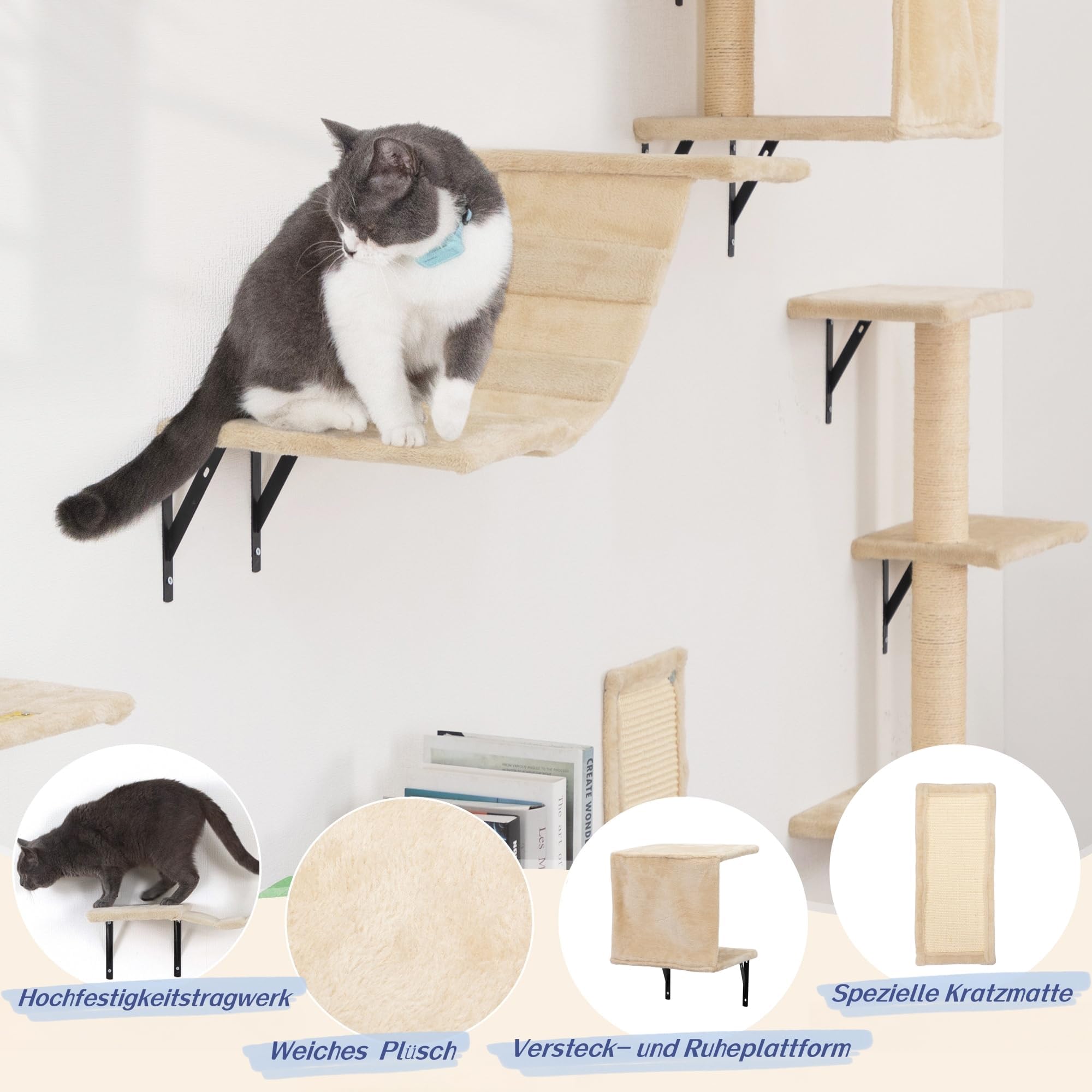 Katzen Kletterwand Set 5-teilig – Wandmontierte Katzenwand mit Katzenhaus, Katzenbrücke & Kratzbrett, Platzsparende Kletterwand Katzen für Wohnung, n, Katzenbrücke (beige)
