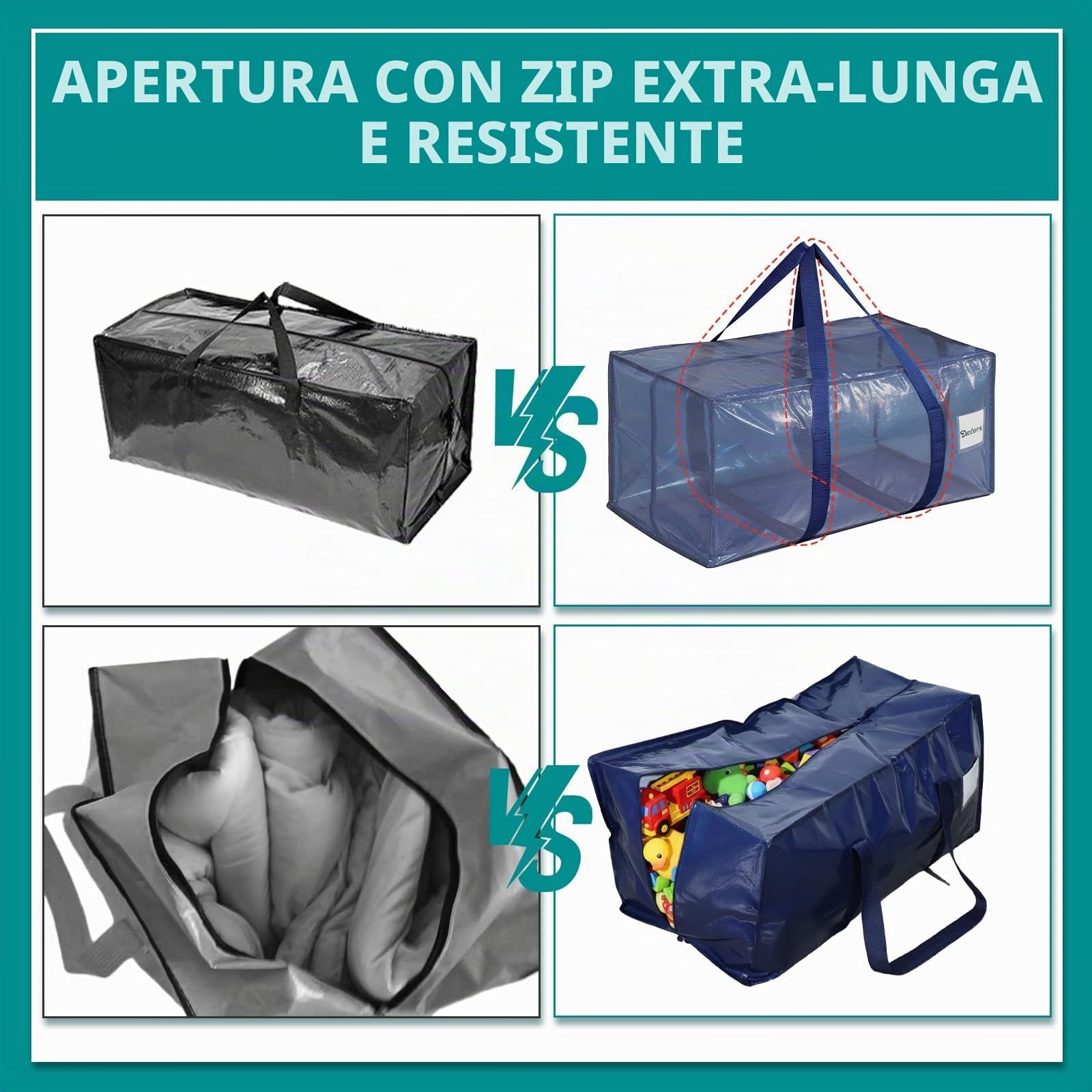 Dntorx 4 sacchetti da 90 l, Heavy Duty per traslochi, grandi con manico con chiusura lampo, pieghevole, per trasloco, campeggio, biancheria da letto, vestiti, colore blu