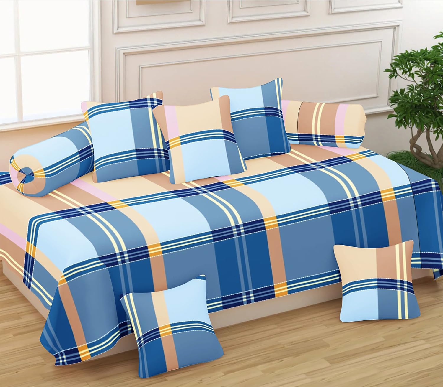 200 GSM Diwan Set Covers Glace Cotton 8 Piece Printed Design Diwan Set, 1 Single Bedsheet, 2 Bolster Covers, 5 Cushion Covers (Cream- Blue)-image-19
