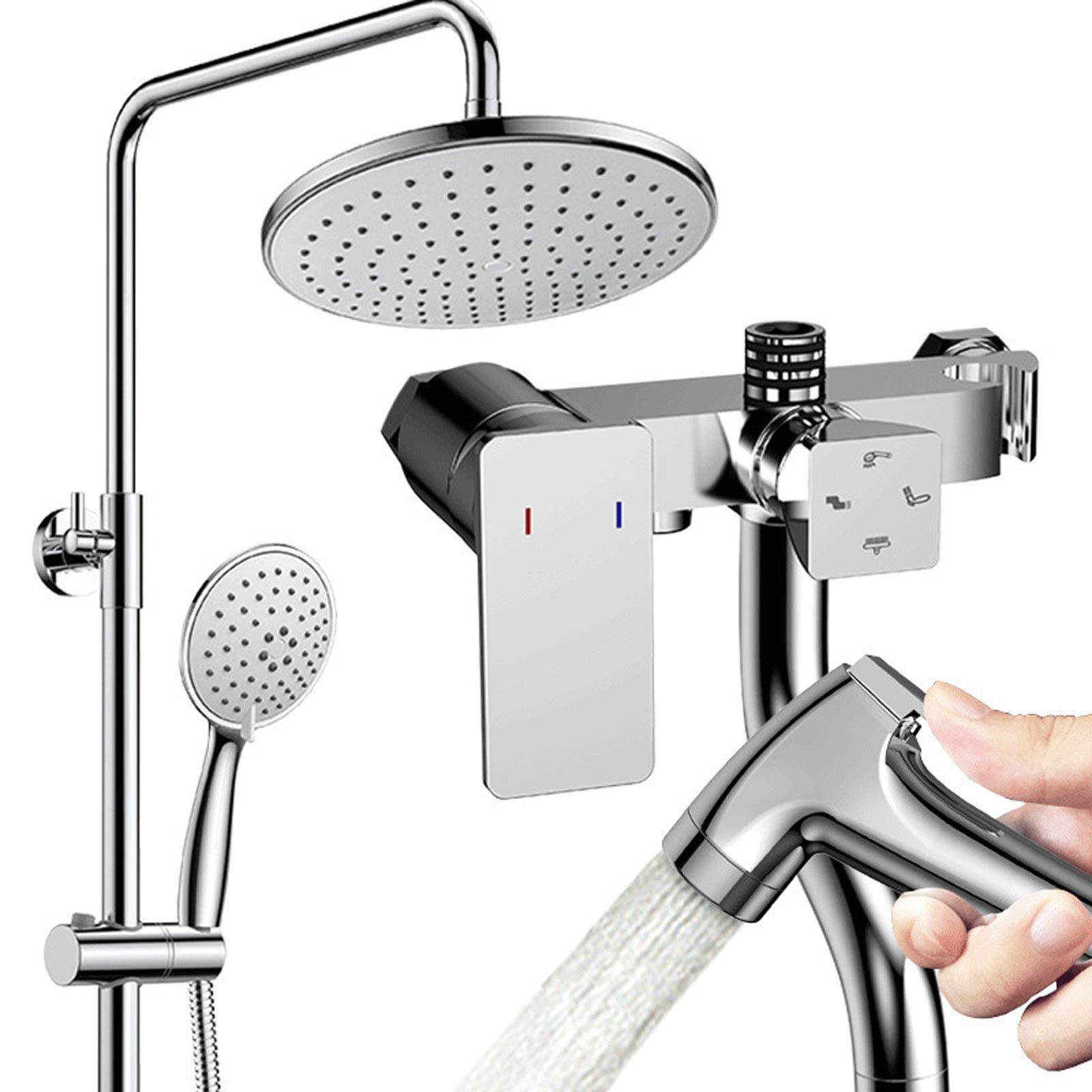 NGDFGR Adjustable Shower Rome, Wall Mounted Shower Set Brass With Overhead Shower Head Bath Tap, Modern Shower Mixer Set Silver For Bathroom Hotel