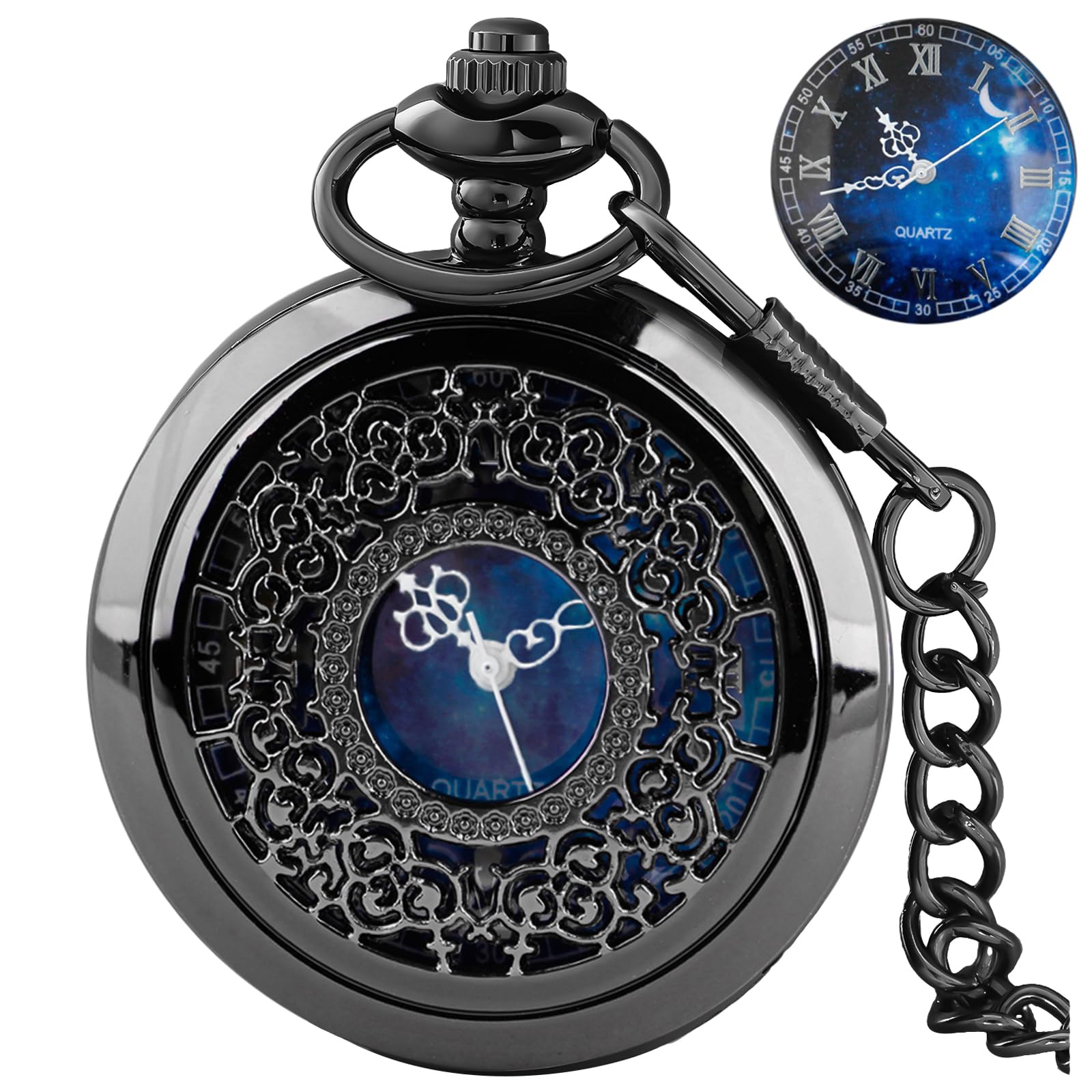 TiongPocket Watch Hollow Blue Star Design Roman Numerals Quartz with Chain Christmas Birthday Gifts