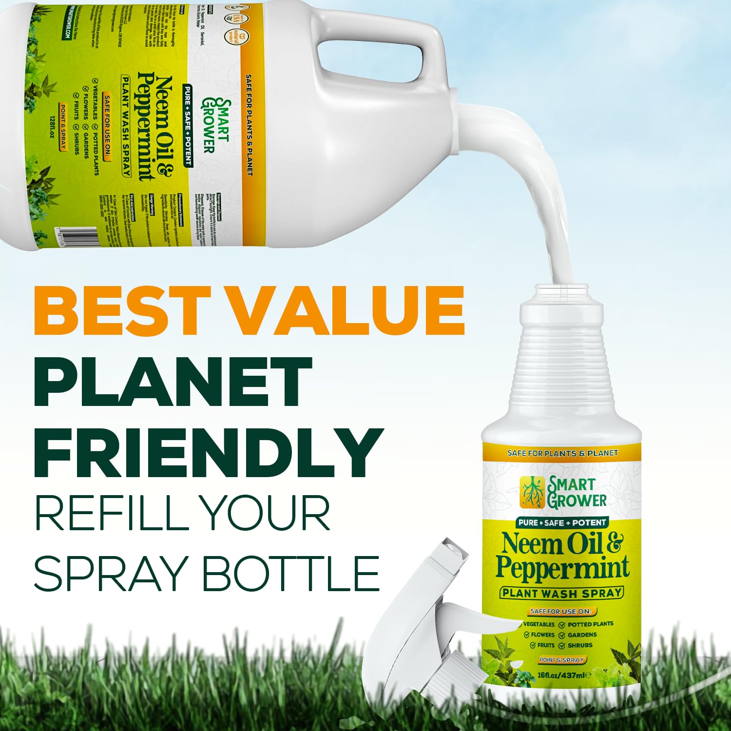 Spray de aceite de neem para plantas con aceite de menta, plantas de interior y exterior, 128 onzas | Lavado natural para plantas, repuesto listo para usar, Smart Grower