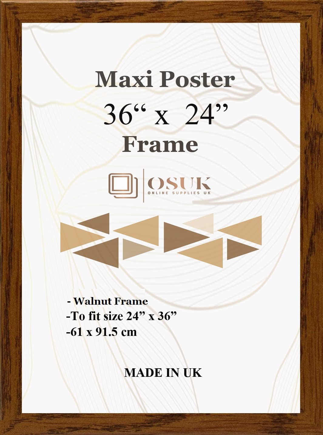 OSUK Walnut Maxi Poster Frame 61 x 91.5cm - Large Photo Frame 36 x 24 Inch - 91.5 x 61cm Poster Frames With Clear Perspex Front & Wall Mounting Hooks - Walnut 24" x 36" Picture Frame