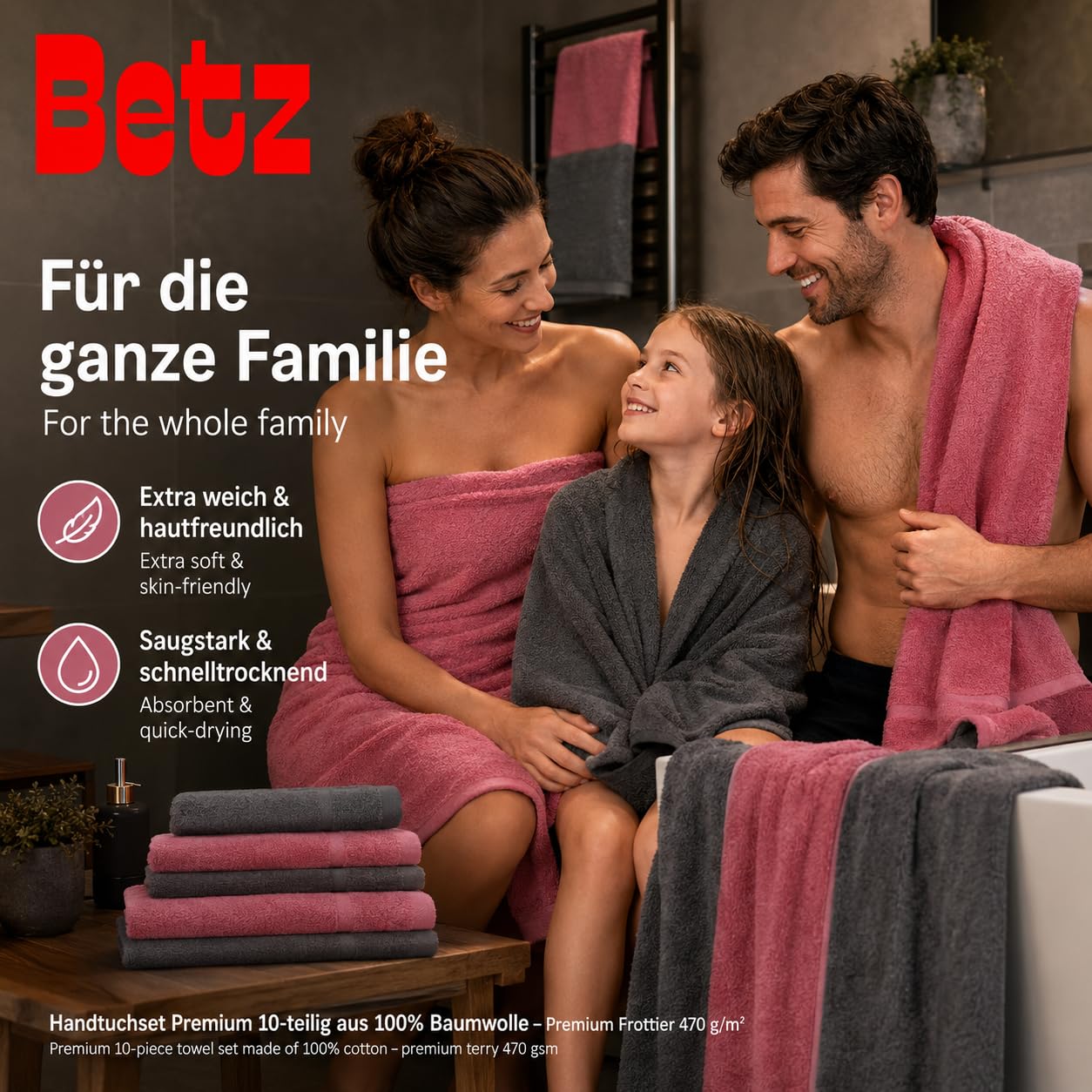 Betz set di 10 asciugamani Premium 100% cotone 2 teli doccia 4 asciugamani 2 asciugamani per ospiti 2 guanti da bagno colore antracide e rosa antico