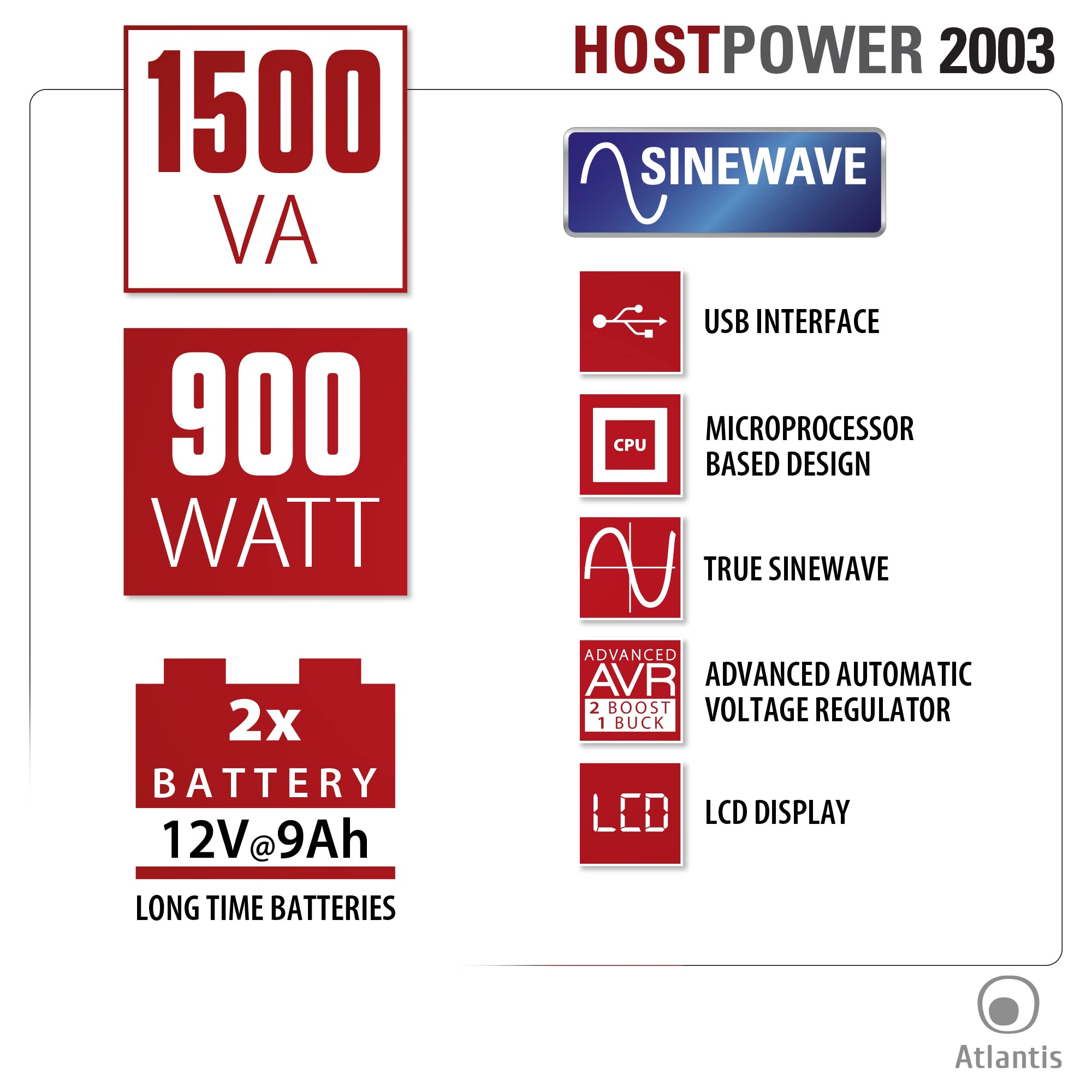 Atlantis A03-HP2003 UPS Onda Sinusoidale Pura 1500VA 900W Line Interactive LCD USB-HID