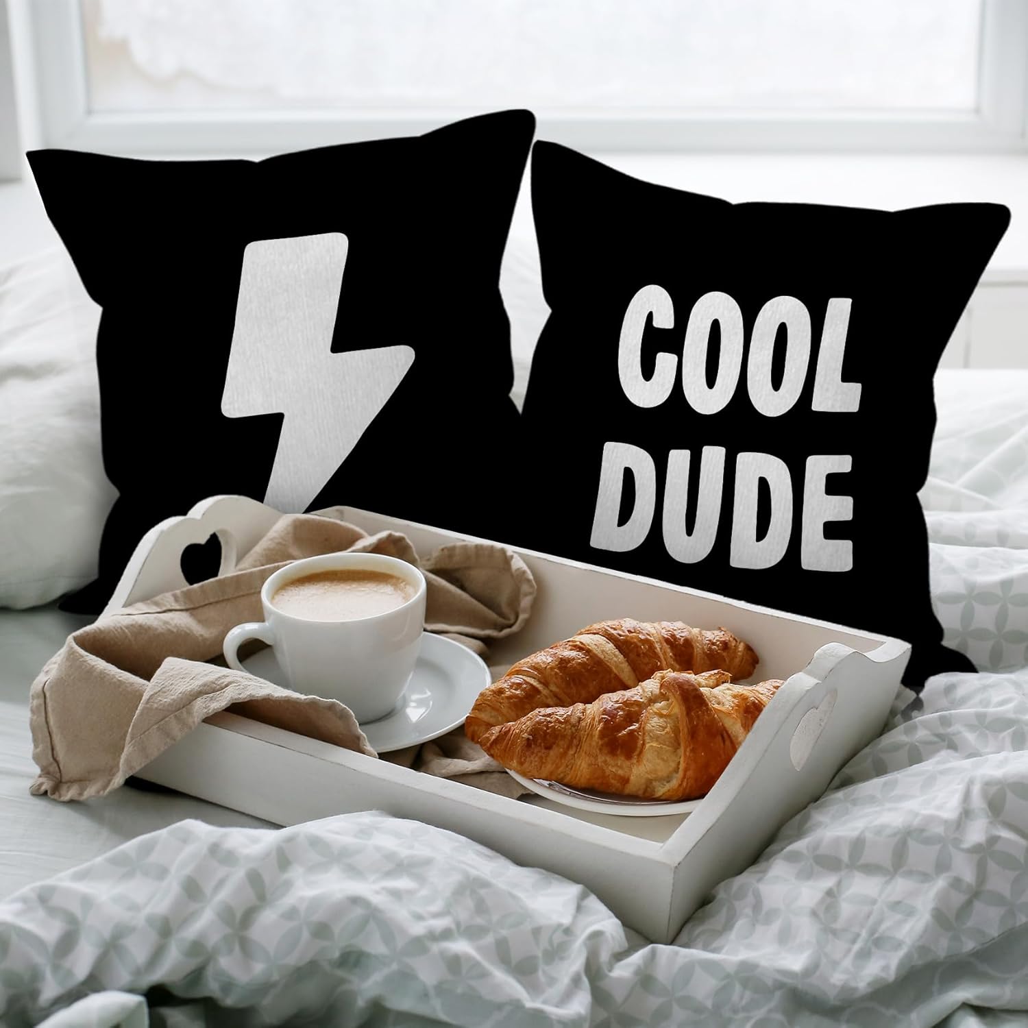 HIWX Rad Little Cool Dude Preppy Black and White Checkered Peace Sign Lightning Pillowcase Throw Pillow Cover, Trendy Preppy Decor for Sofa Bed Boy Teen Room Dorm, 18x18 Inch, Set of 4
