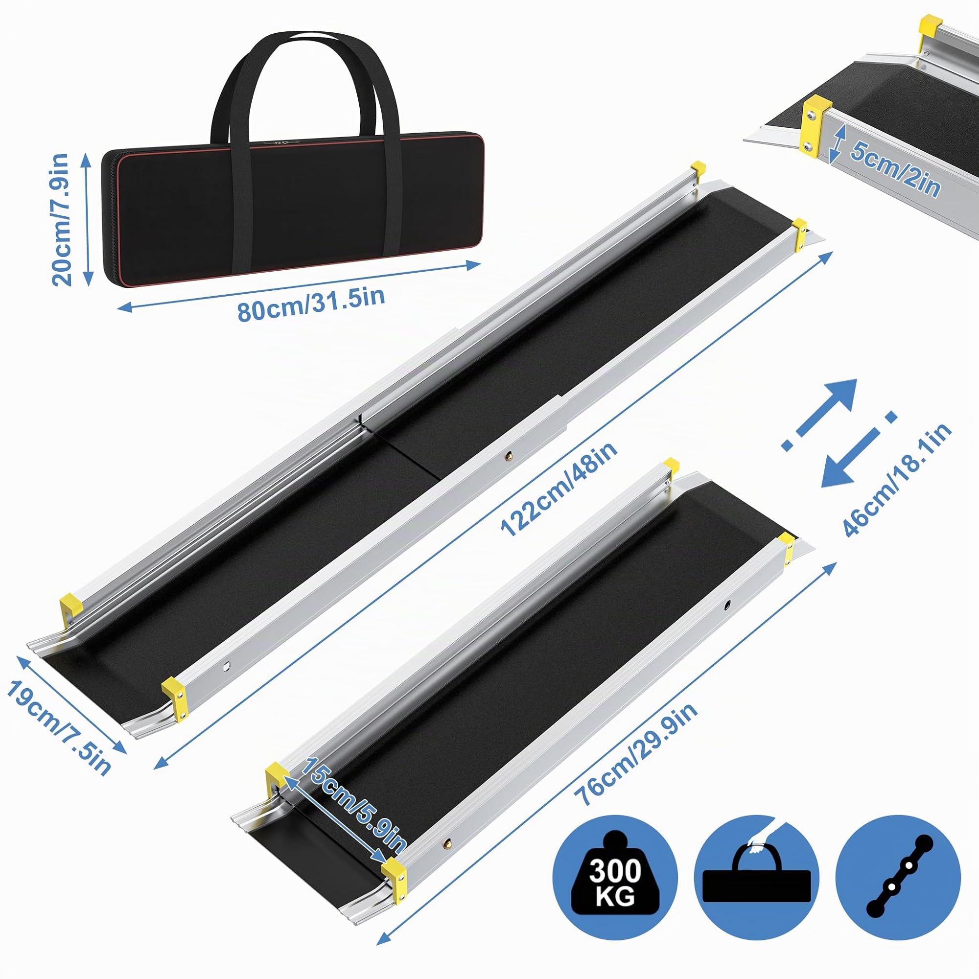 HENGMEI Rollstuhlrampe Teleskoprampen Teleskopschiene Türschwelle Aluminium Schwellenrampe Rollstuhl Rampe Türschwellenrampe Tragfähigkeit 300 kg, Silber (75.5-122cm)