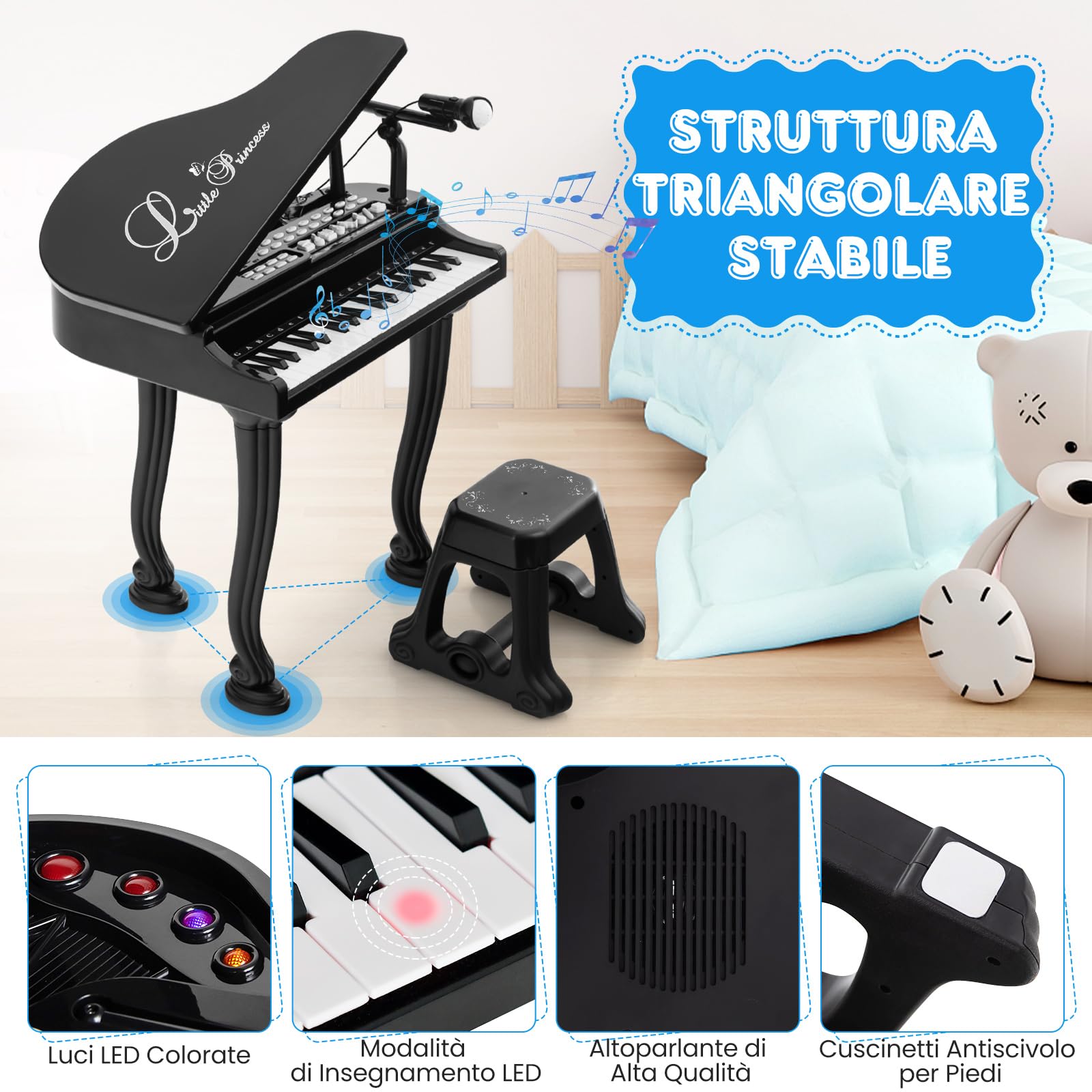 RELAX4LIFE Pianoforte per Bambini con 31 Tasti e Sgabello, Tastiera Pianoforte Elettronico con Microfono, Funzione di Registrazione e Riproduzione, Giocattolo Musicale per Bambini 3+ Anni (Nero)