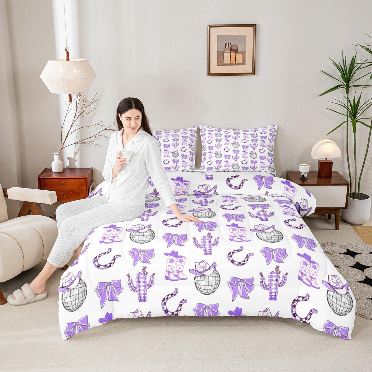 Feelyou Purple Western Comforter Set Toddler Size Wild West Cowboy Bedding Set for Boys Girls Children Rodeo Cowboy Style Duvet Quilt Room Decor Breathable Soft Microfiber All Season 2Pcs
