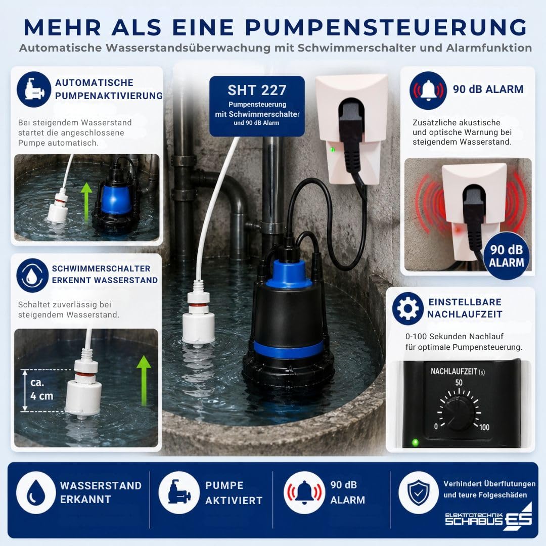 Schabus Wassermelder SHT 227 zur Pumpensteuerung, Steckdosengerät (230V) mit Schwimmerschalter, Akustischer und Optischer Alarm + Angeschlossenes Gerät wird bei Füllstandsänderung aktiviert