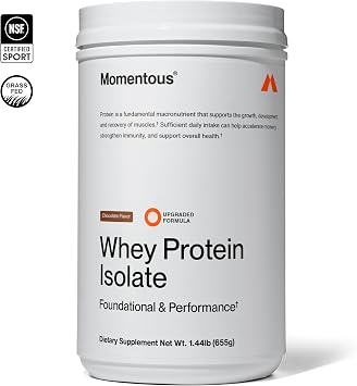 Momentous Essential Grass-Fed Whey Protein Powder 20 g Whey Isolate Protein NSF Certified for Sport Gluten-Free 25 Servings for Essential Everyday Use Chocolate Net WT 1.44 LB (655 g)
