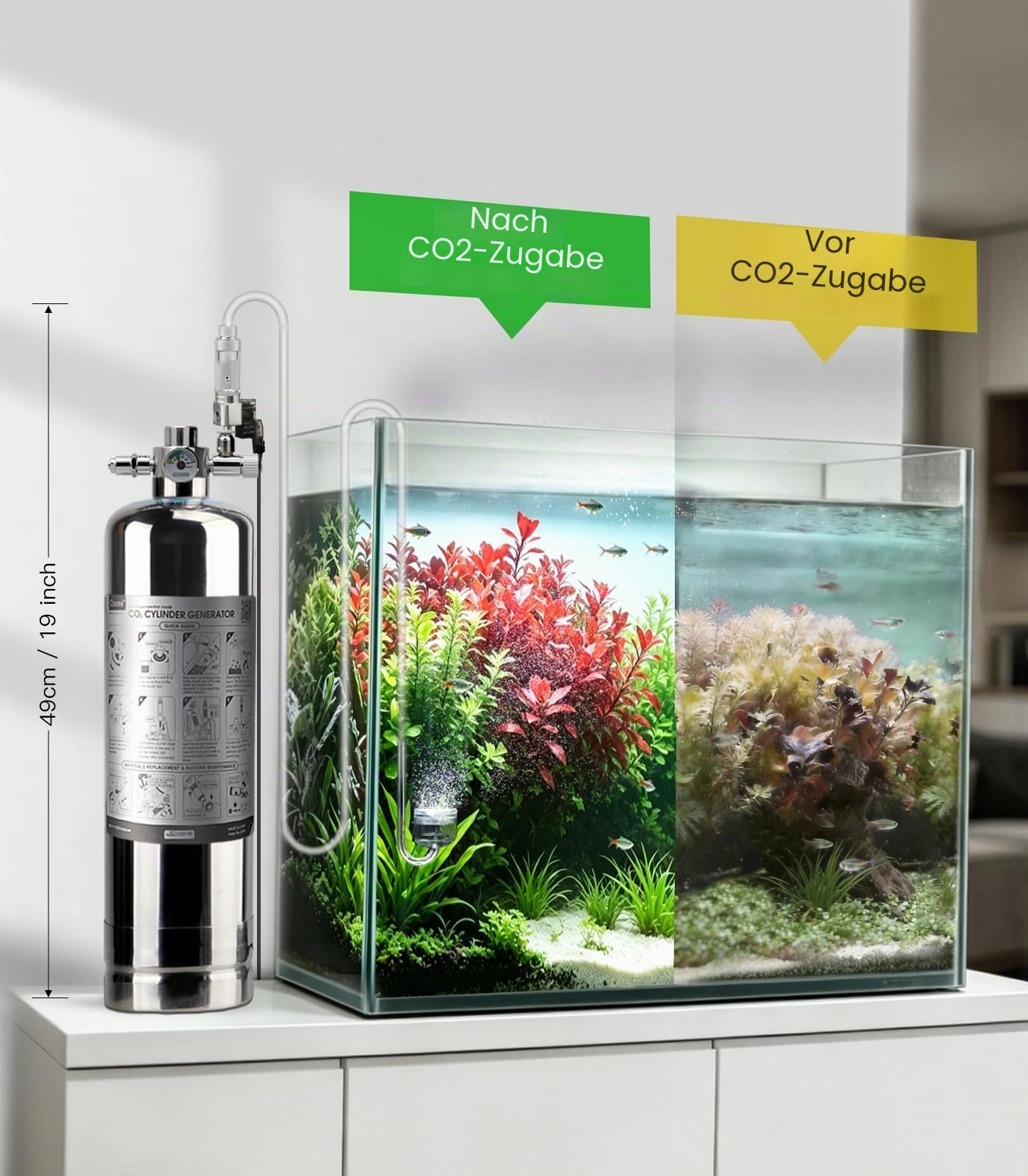 Aquarium CO2 System Generator, Edelstahl Kohlendioxid Reaktor Kit mit Regler Magnetventil für Aquarienpflanzen (G600S), CO2 Aquarium Kit