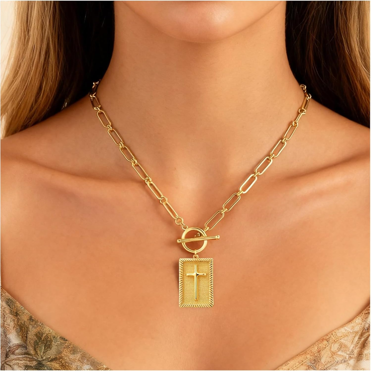 Gold Plated Cross Pendant Necklace for Women, Dainty Rectangle Charm with Toggle Clasp, Religious Jewelry Gifts for Christian Women, Paperclip Chain Gold Cross Necklaces - Image 3